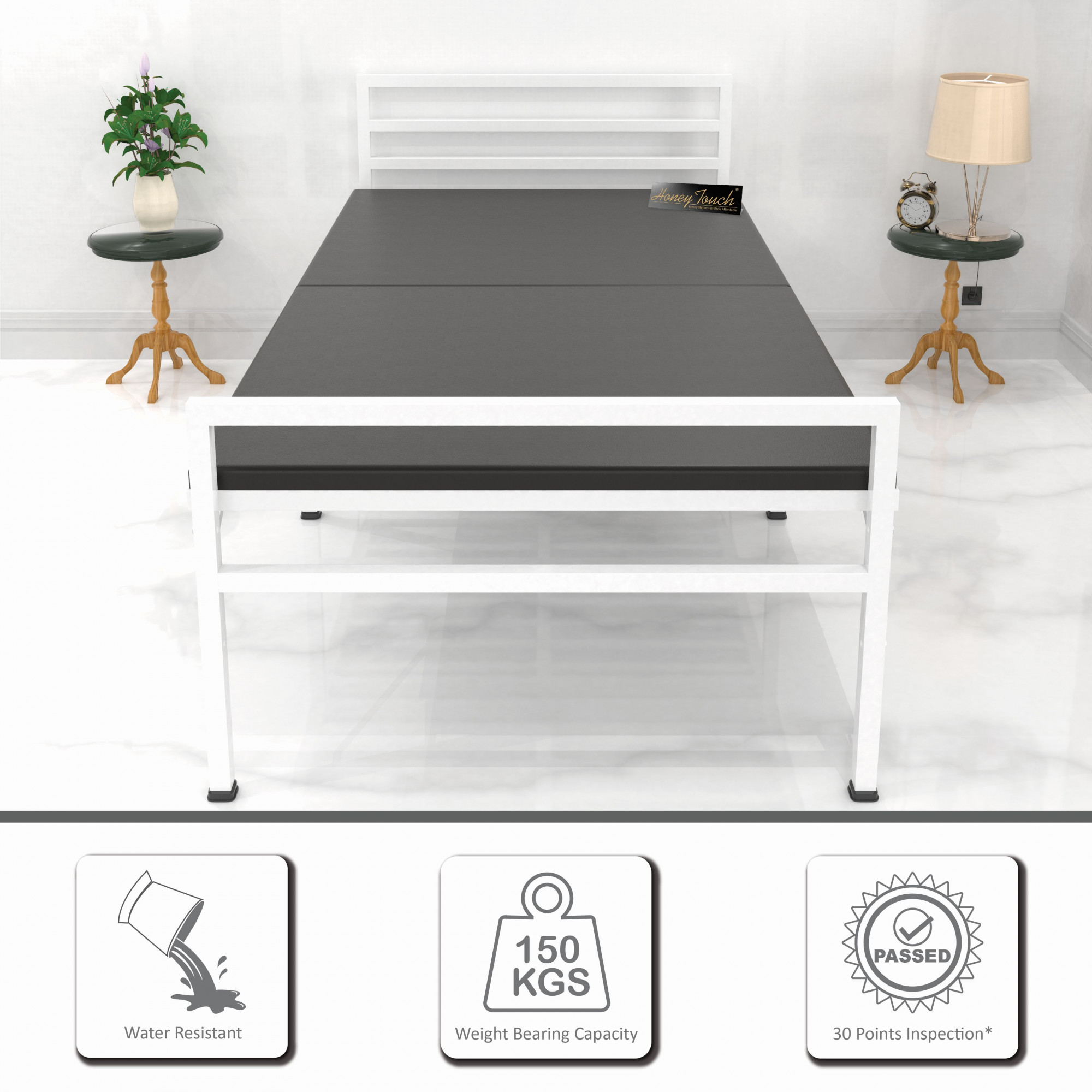 Jasper Foldable Single Metal Bed with Mattress Single Layer Double Layer Ortho Tri Layer Mattress Glossy White Finish 3ft X 6ft