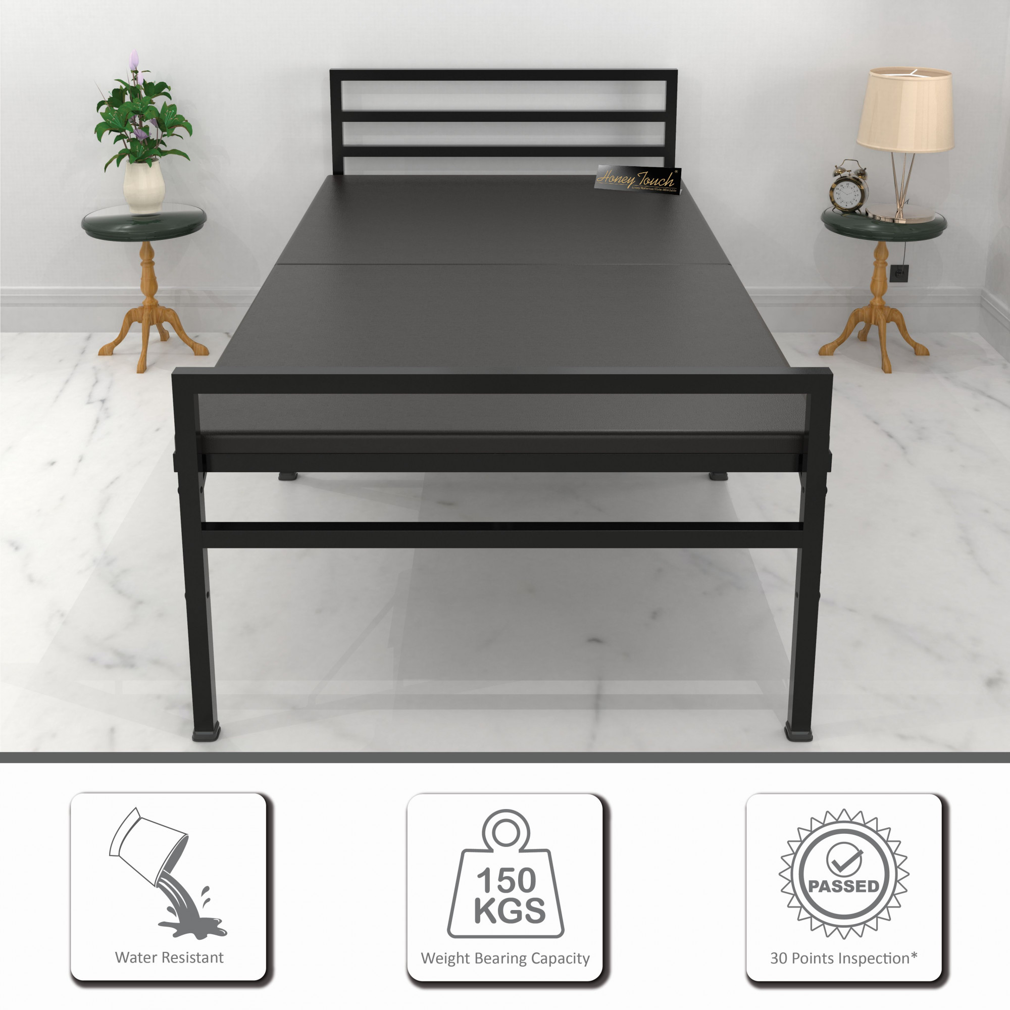 Jasper Foldable Single Metal Bed with Mattress Single Layer Double Layer Ortho Tri Layer Mattress Glossy Black Finish 3ft X 6ft