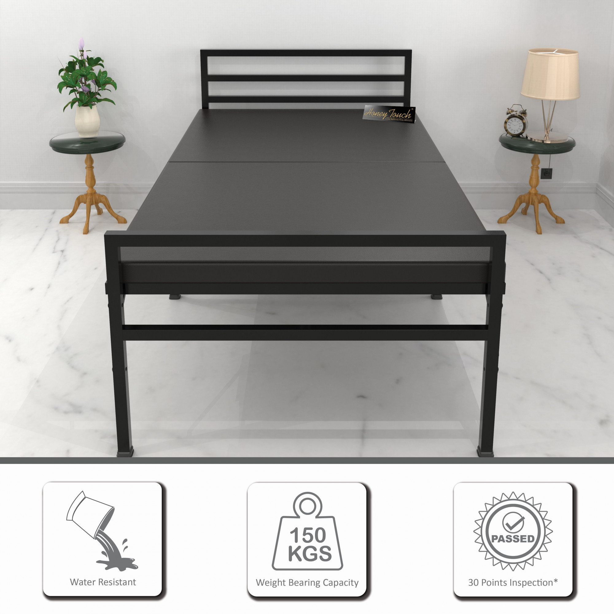 Jasper Foldable Single Metal Bed with Mattress Single Layer Double Layer Ortho Tri Layer Mattress Glossy Black Finish 3ft X 6ft