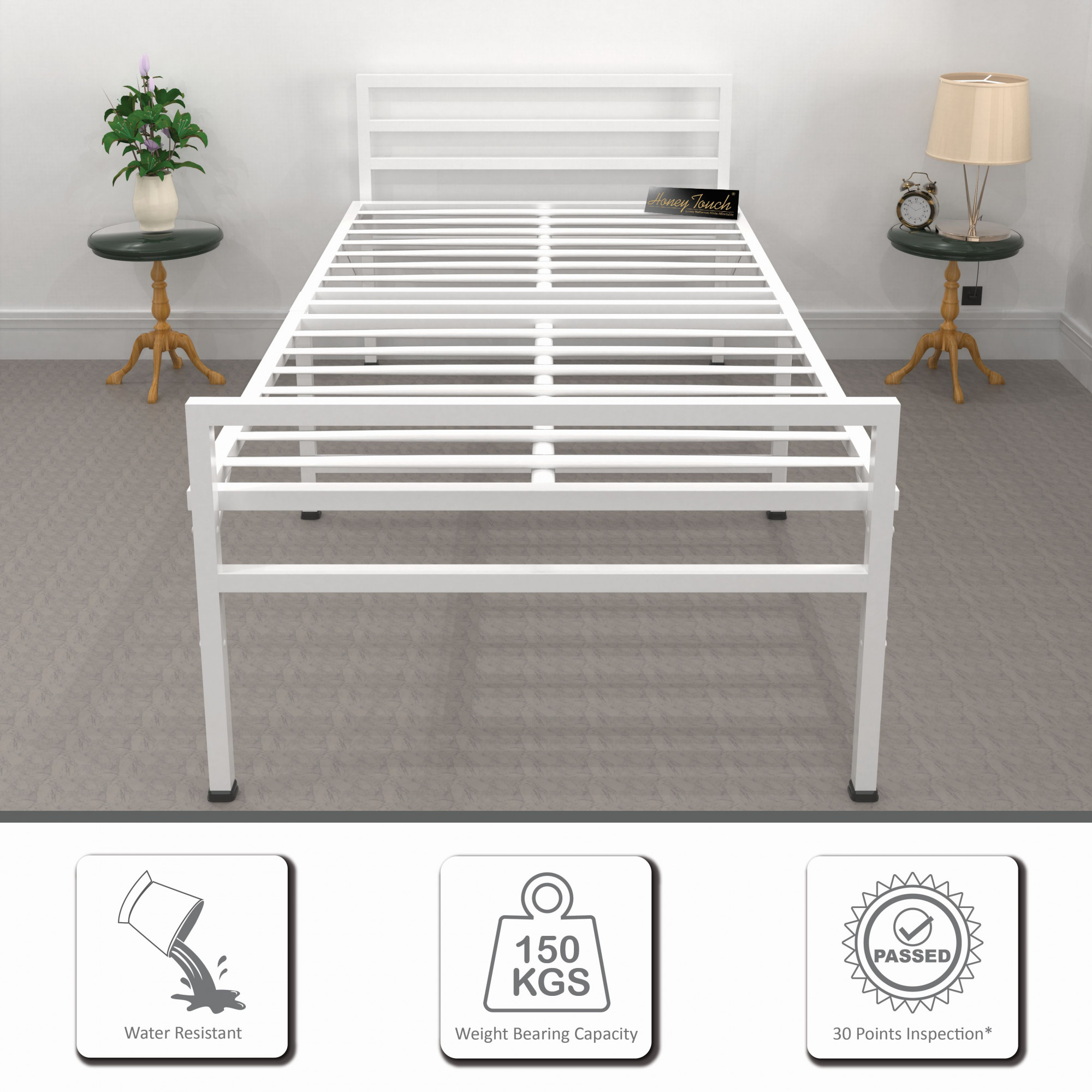 Jasper Metal Single Size Bed White Finish 3ft X 6ft 1 Year Warranty