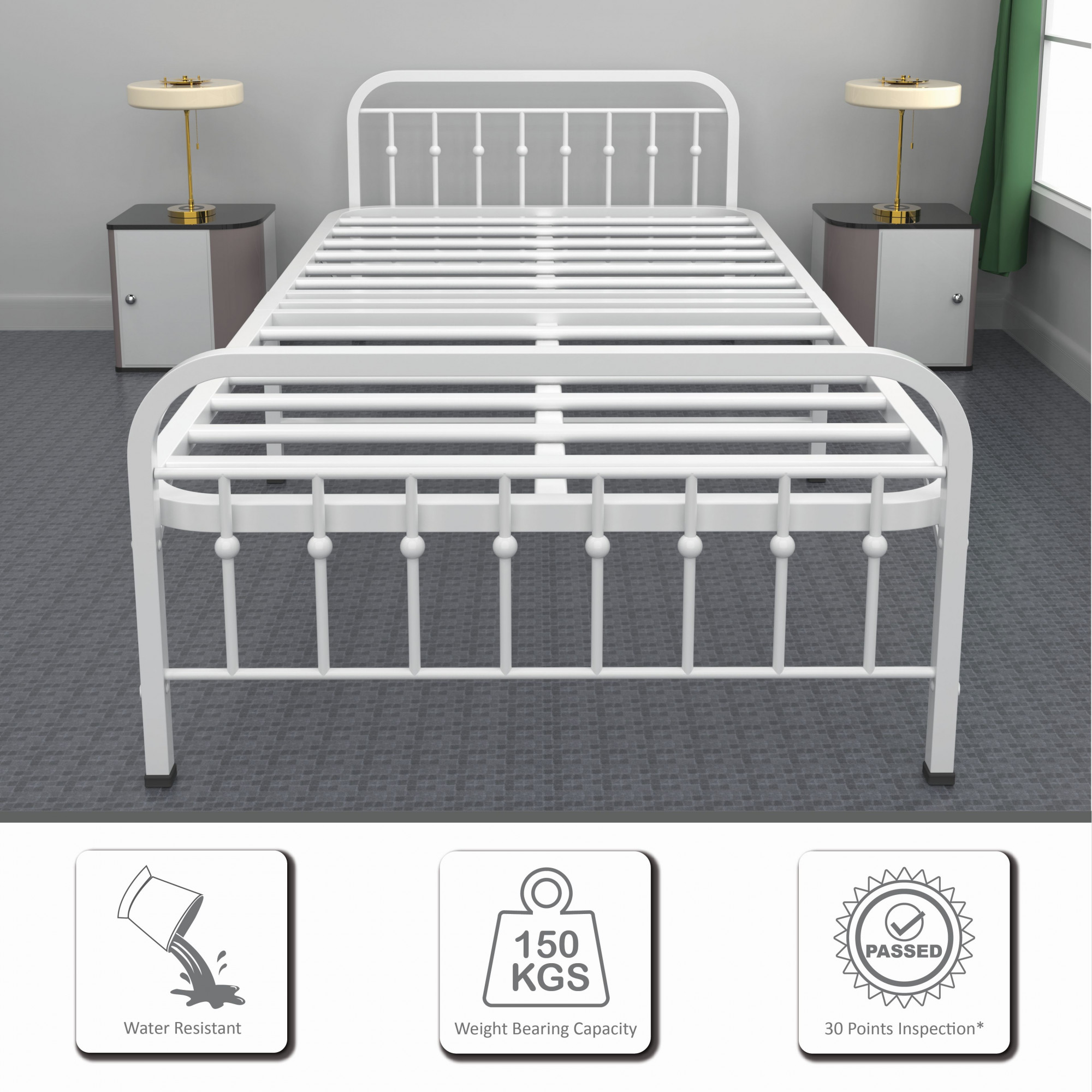 Nova Foldable Single Metal Bed - Glossy White Finish 3ft x 6ft