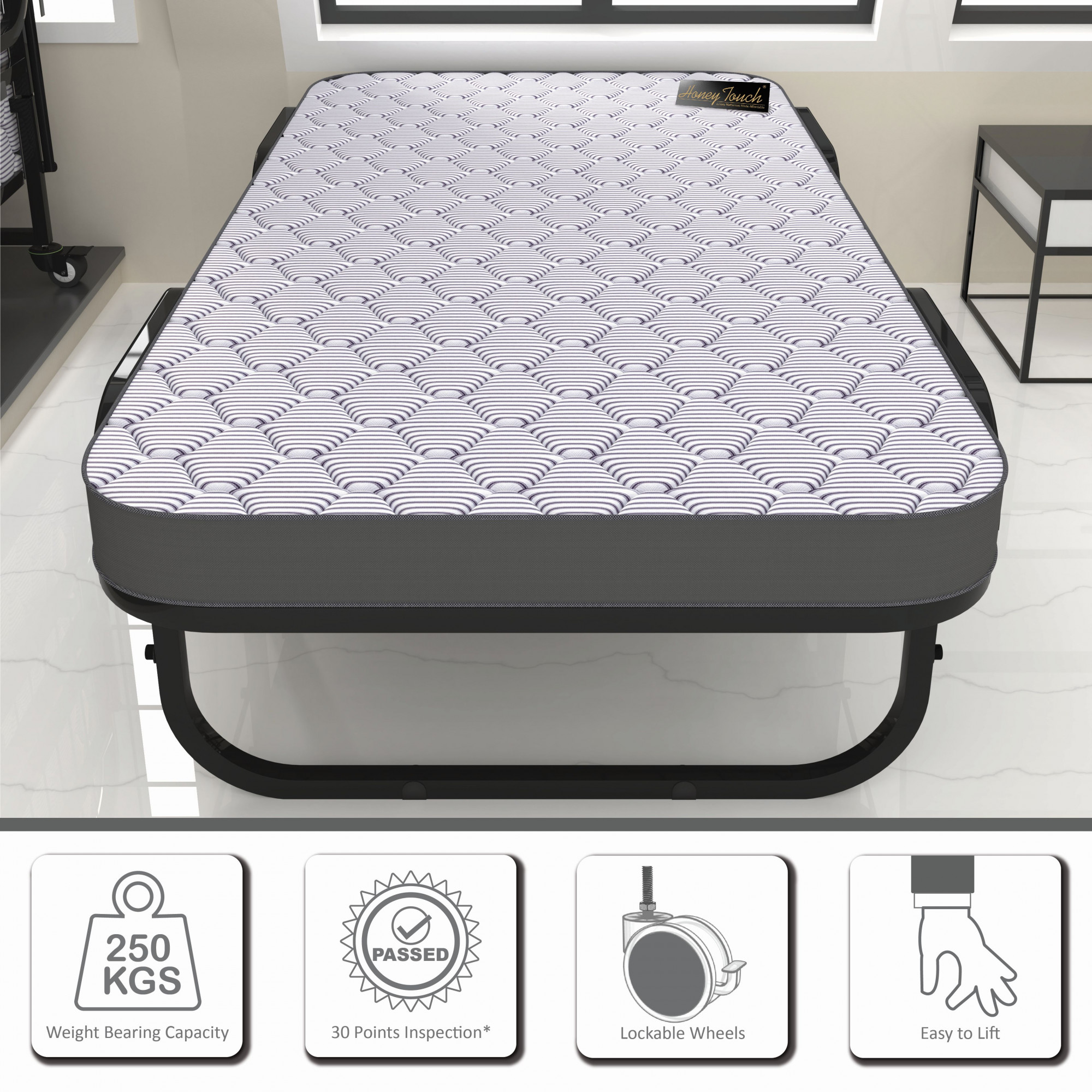 Rollease Rollaway Bed Single Size 3 Ft x 6 Ft Orthopedic Tri Layer Foam Brown Mattress 3 Years Warranty