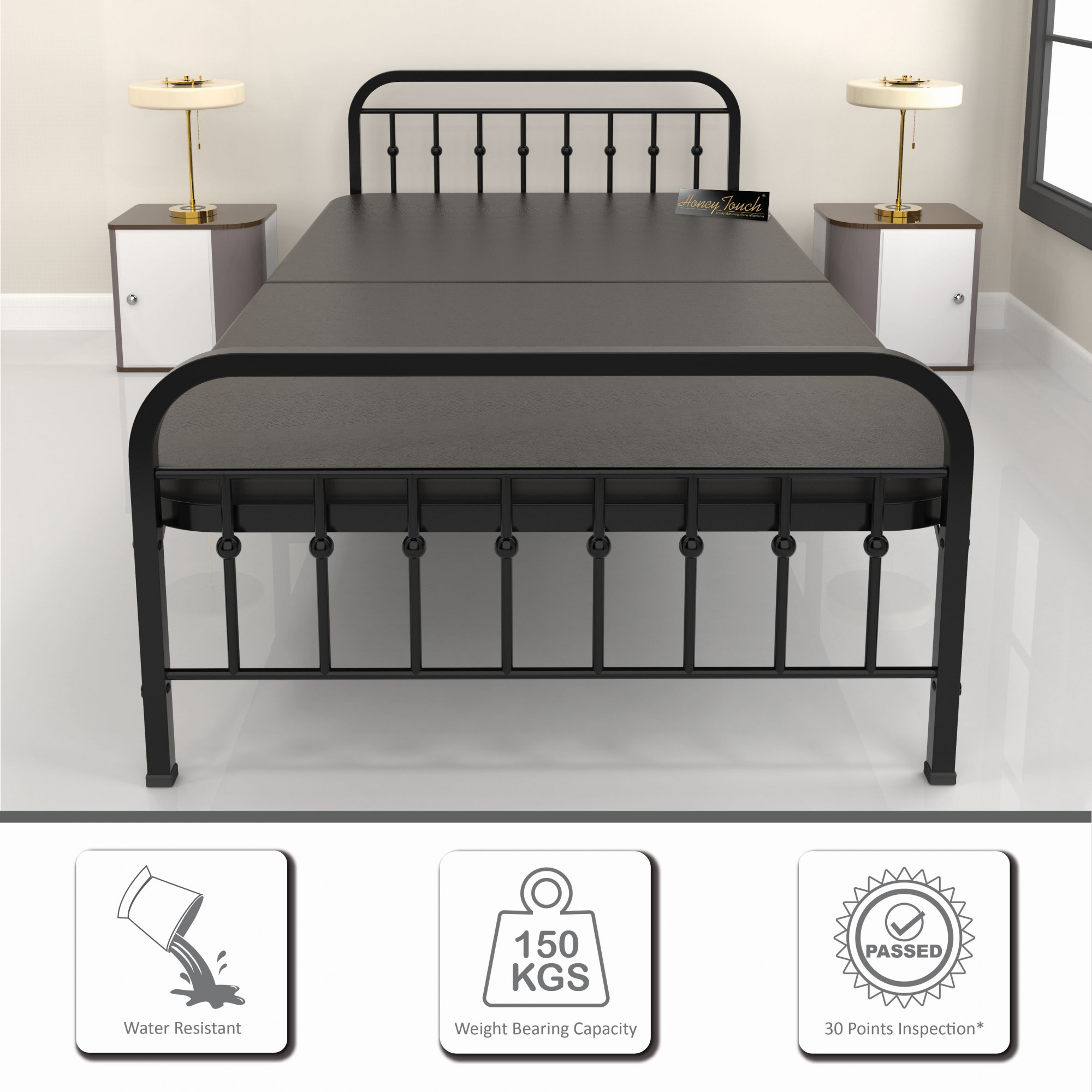 Nova Foldable Single Metal Bed - Glossy Black Finish 3ft x 6ft Without Mattress Single Layer Double Layer Triple Layer Foam Mattress