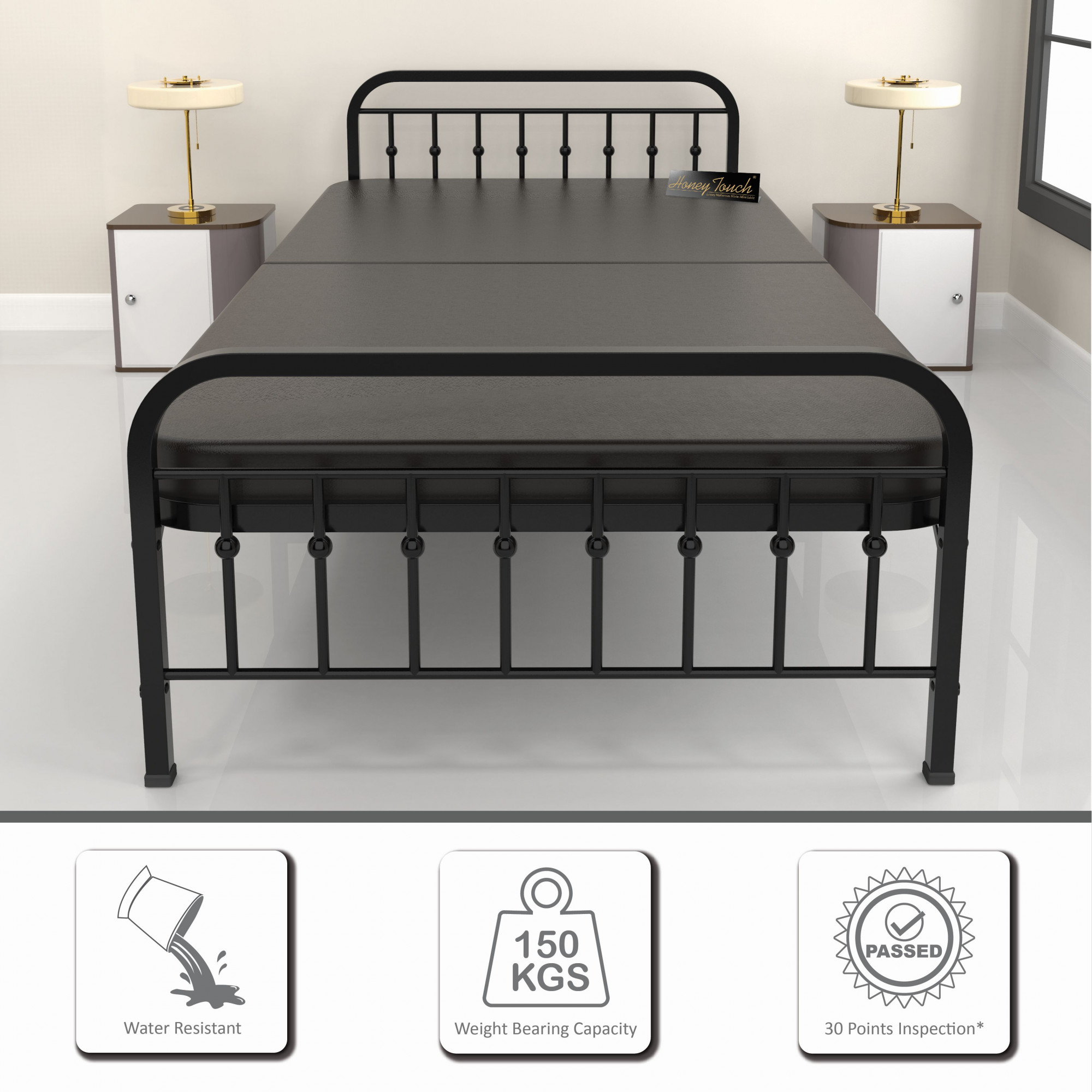 Nova Foldable Single Metal Bed - Glossy Black Finish 3ft x 6ft Without Mattress Single Layer Double Layer Triple Layer Foam Mattress