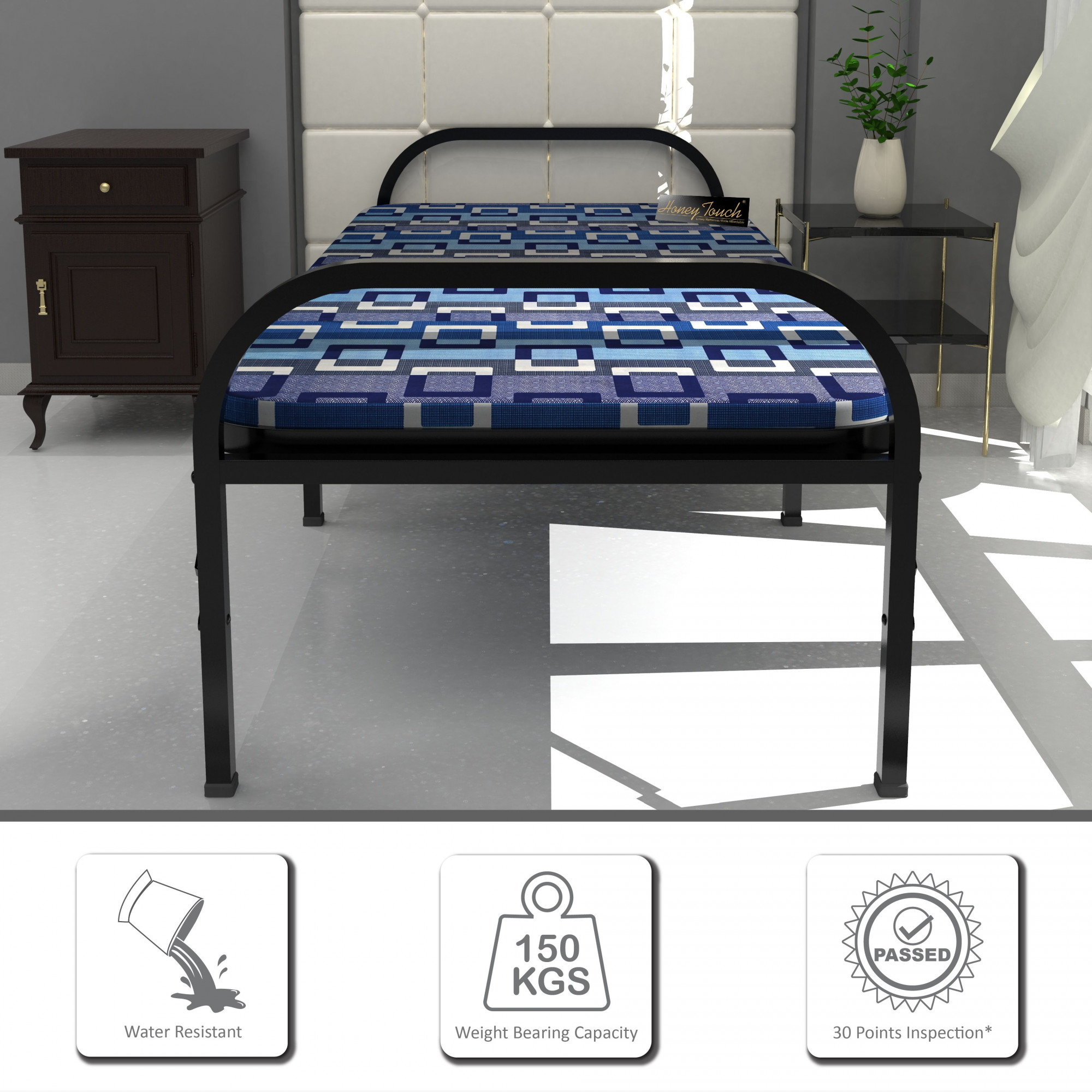 Aura Blue Single Size Metal Bed Single Layer Foam Mattress 3ft X 6ft Black Finish