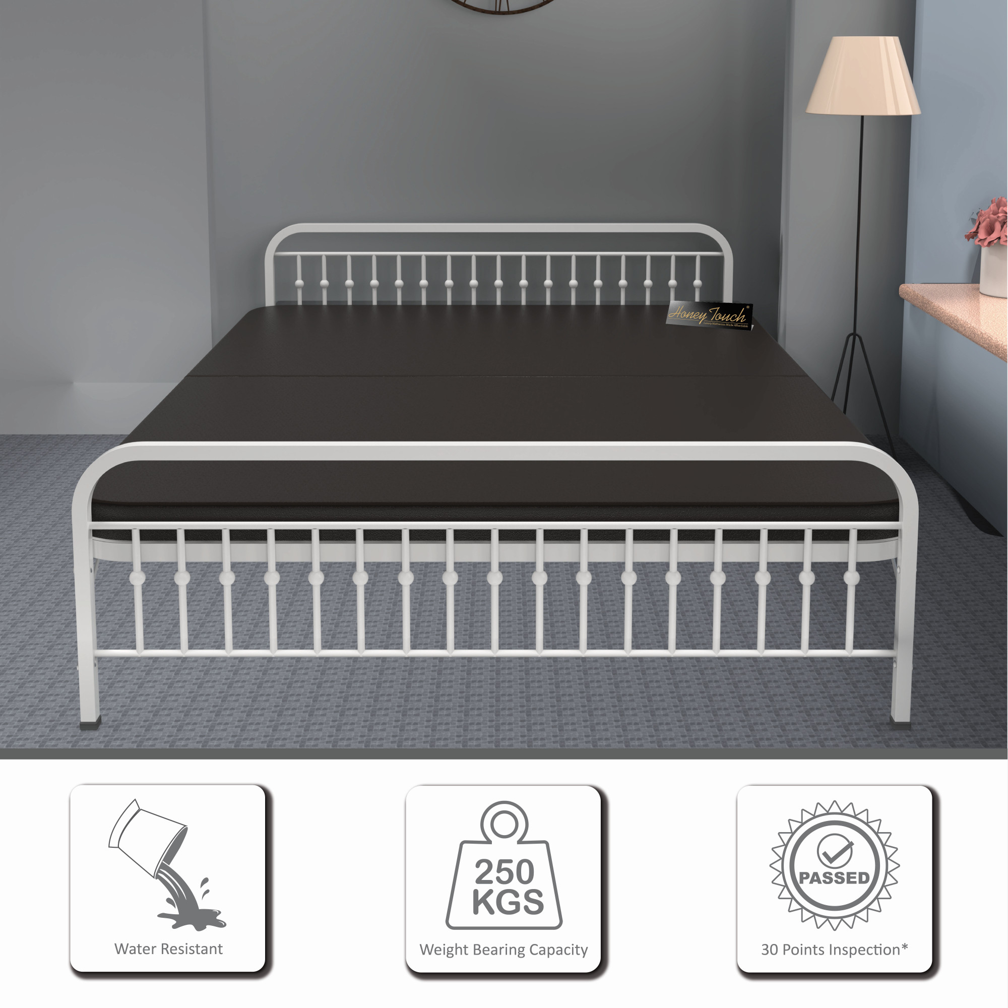 Nova Foldable Metal Bed Frame With Mattress  Ivory Frame  King Size 625 Ft x 6 Ft  3 Years Warranty