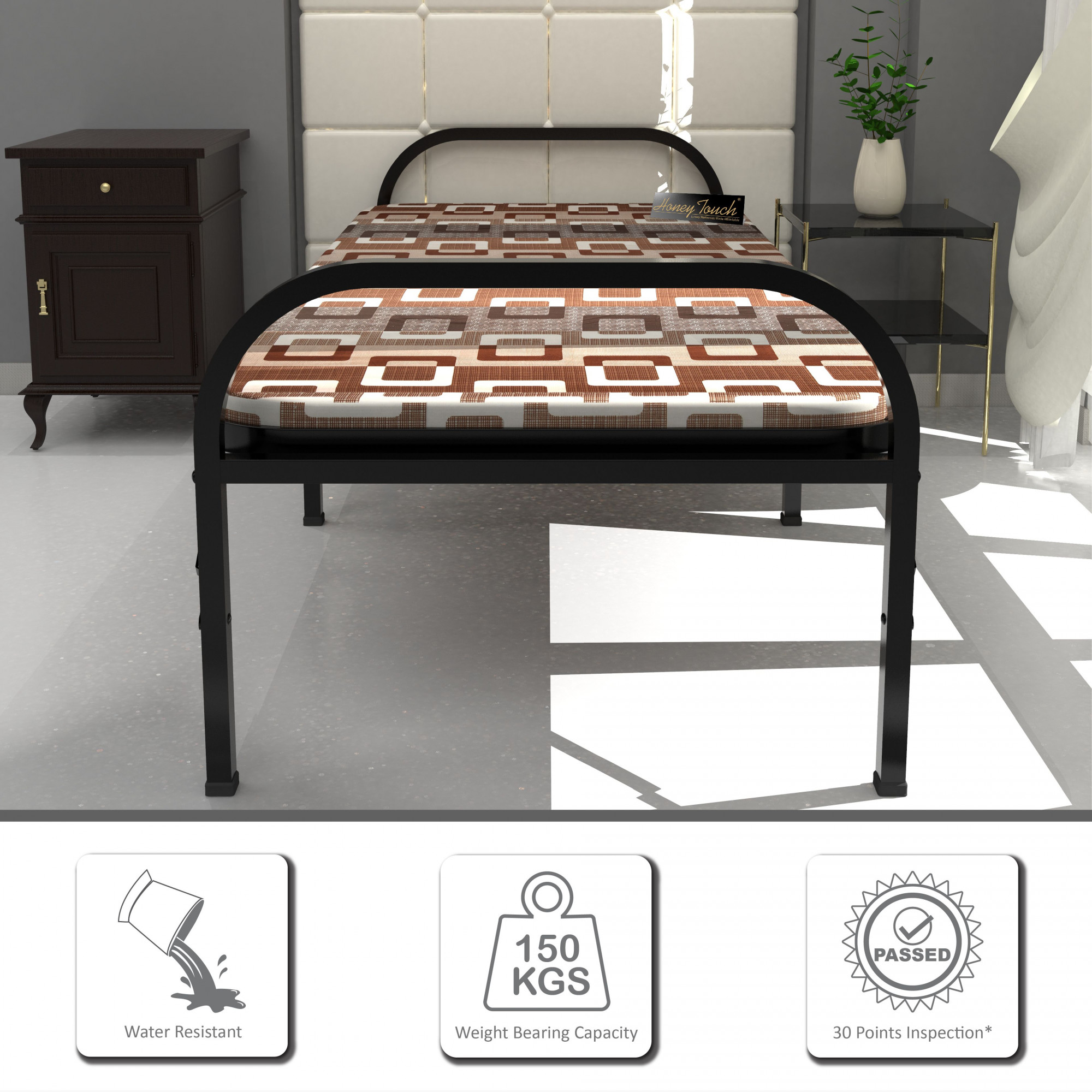Aura Brown Single Size Metal Bed Single Layer Foam Mattress 3ft X 6ft Black Finish