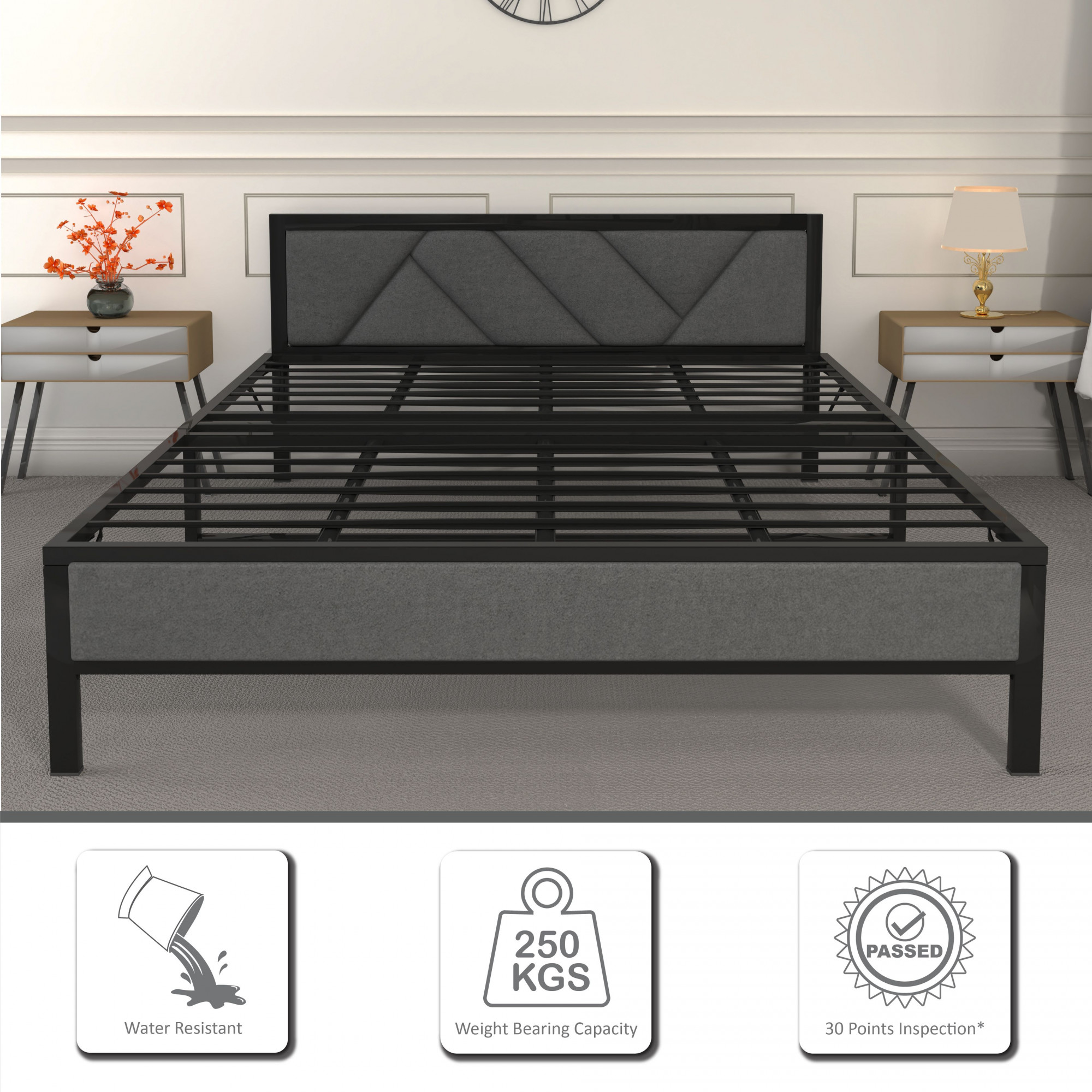 Linea Grey Queen Size Bed Frame Without Mattress Black Frame Queen Size 65 Ft x 5 Ft 1 Year Warranty