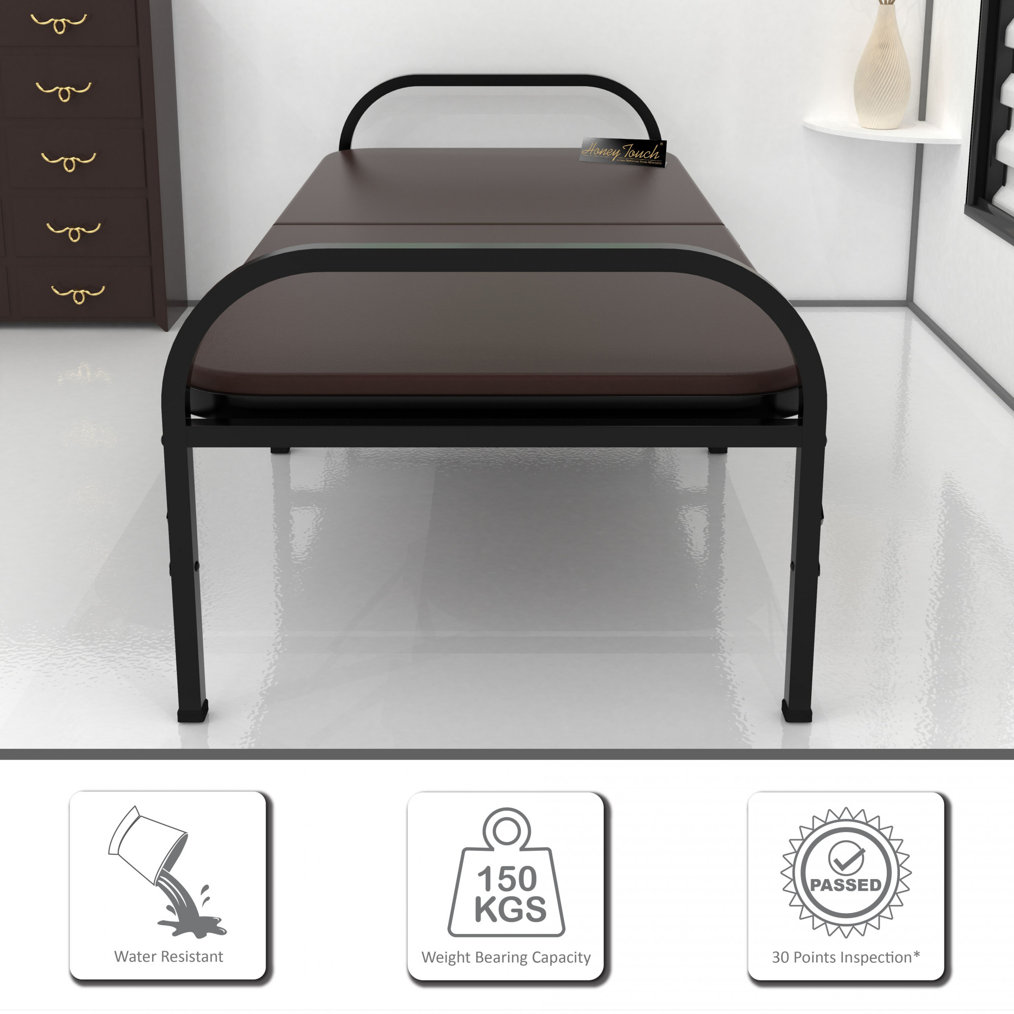 Atlas Round Folding Metal Single Size Bed with Mattress 3ft X 6ft 25ft X 6ft Black Finish Brown Mattress