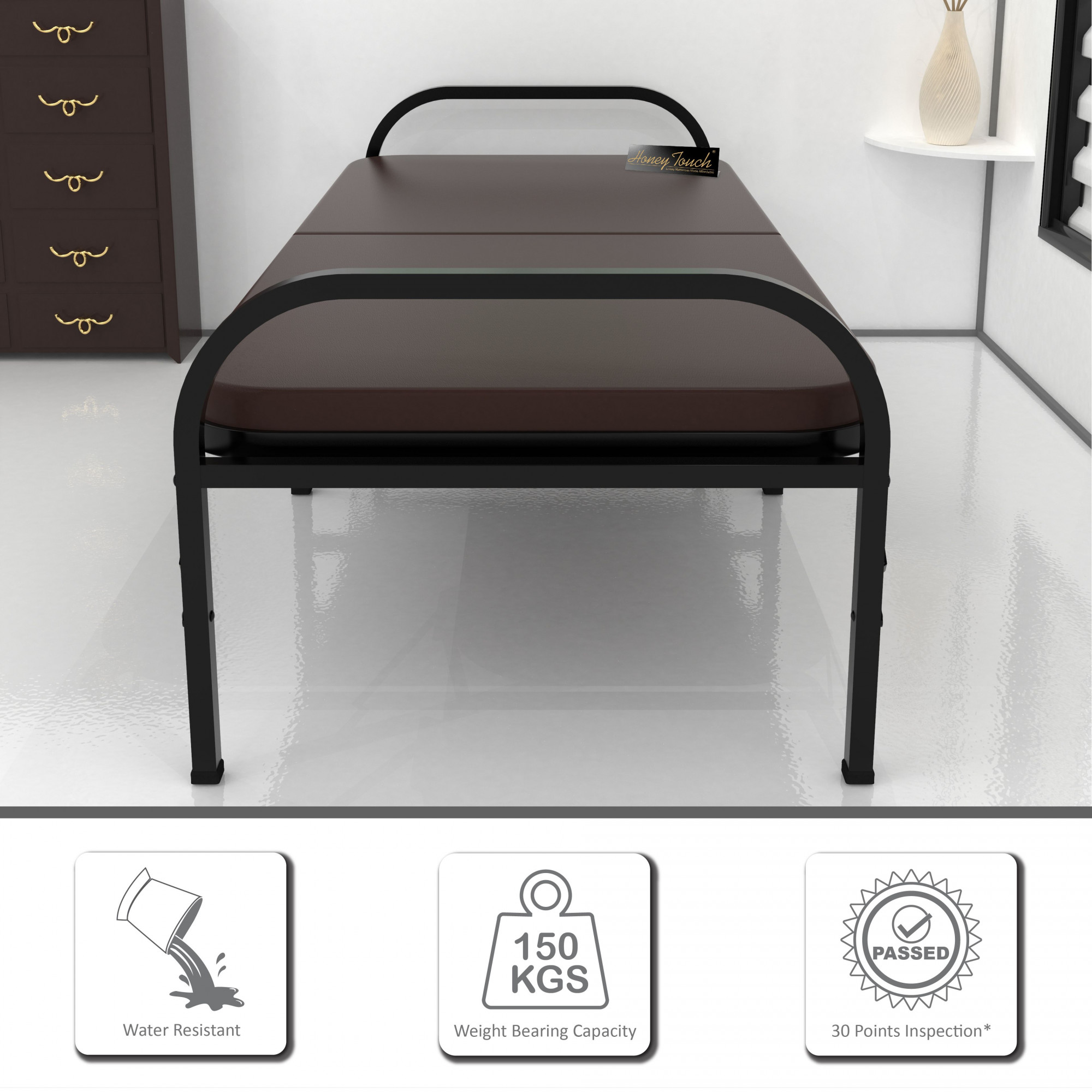 Atlas Round Folding Metal Single Size Bed with Mattress 3ft X 6ft 25ft X 6ft Black Finish Brown Mattress