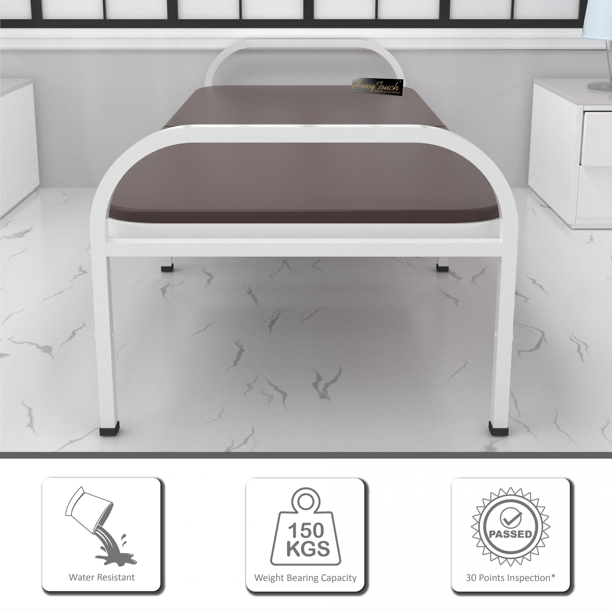 Atlas Round Folding Metal Single Size Bed with Mattress 3ft X 6ft 25ft X 6ft White Finish Brown Mattress