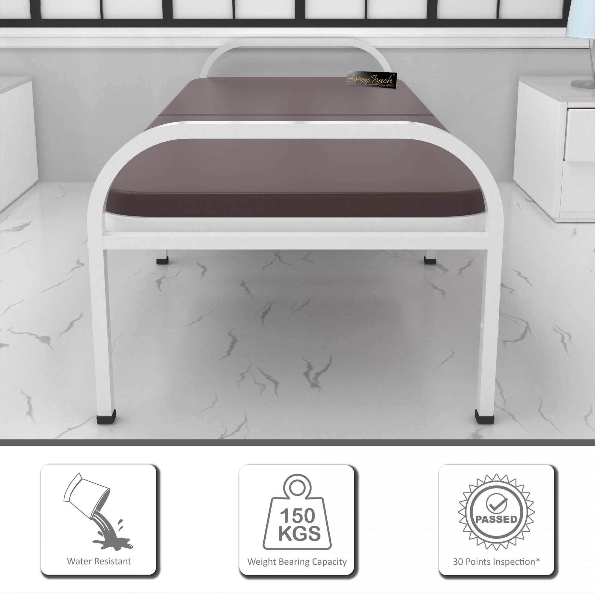 Atlas Round Folding Metal Single Size Bed with Mattress 3ft X 6ft 25ft X 6ft White Finish Brown Mattress