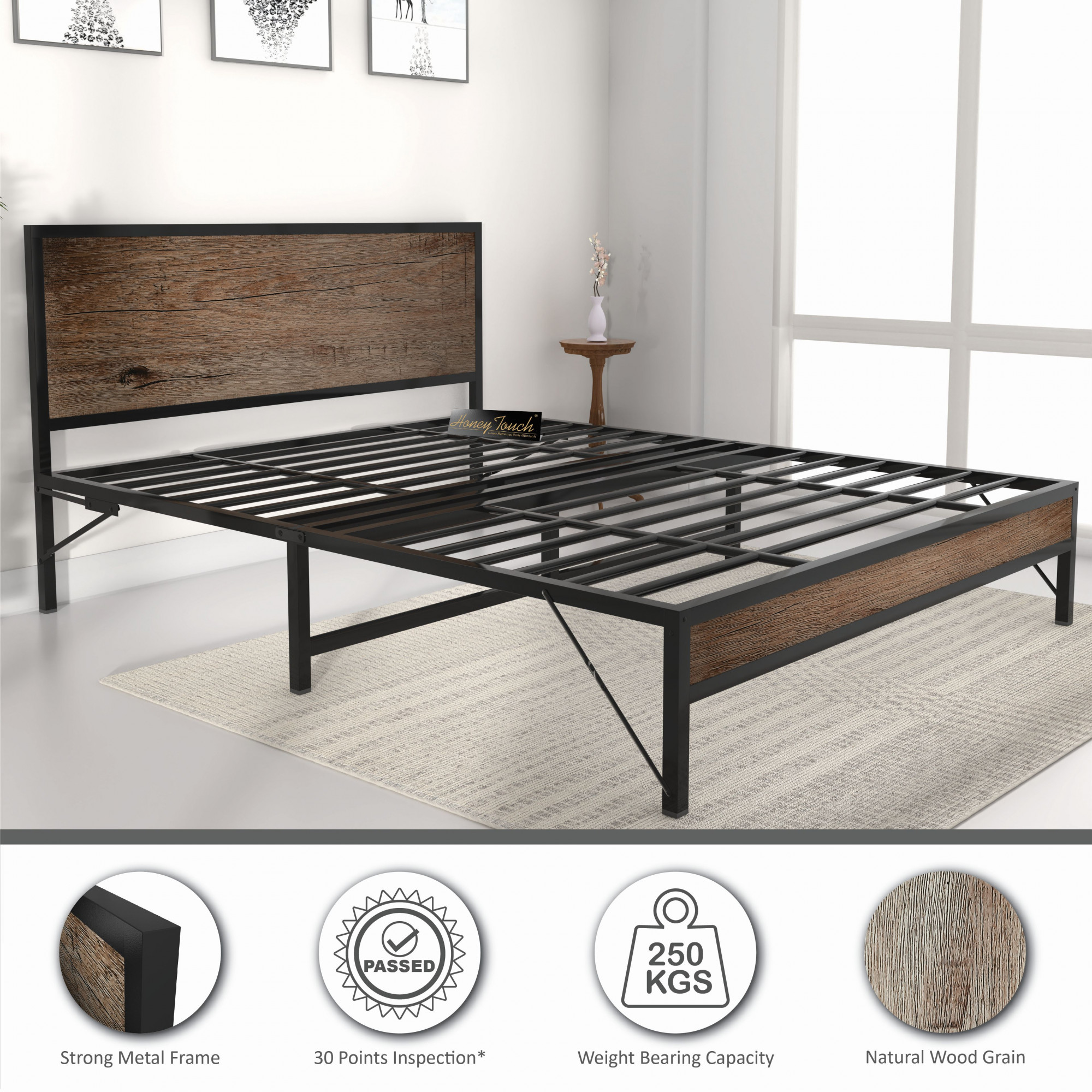 Luvo Metal Wood Folding Bed Frame Without Mattress Stone Grain Queen Size 65 Ft x 5 Ft Warranty Backed