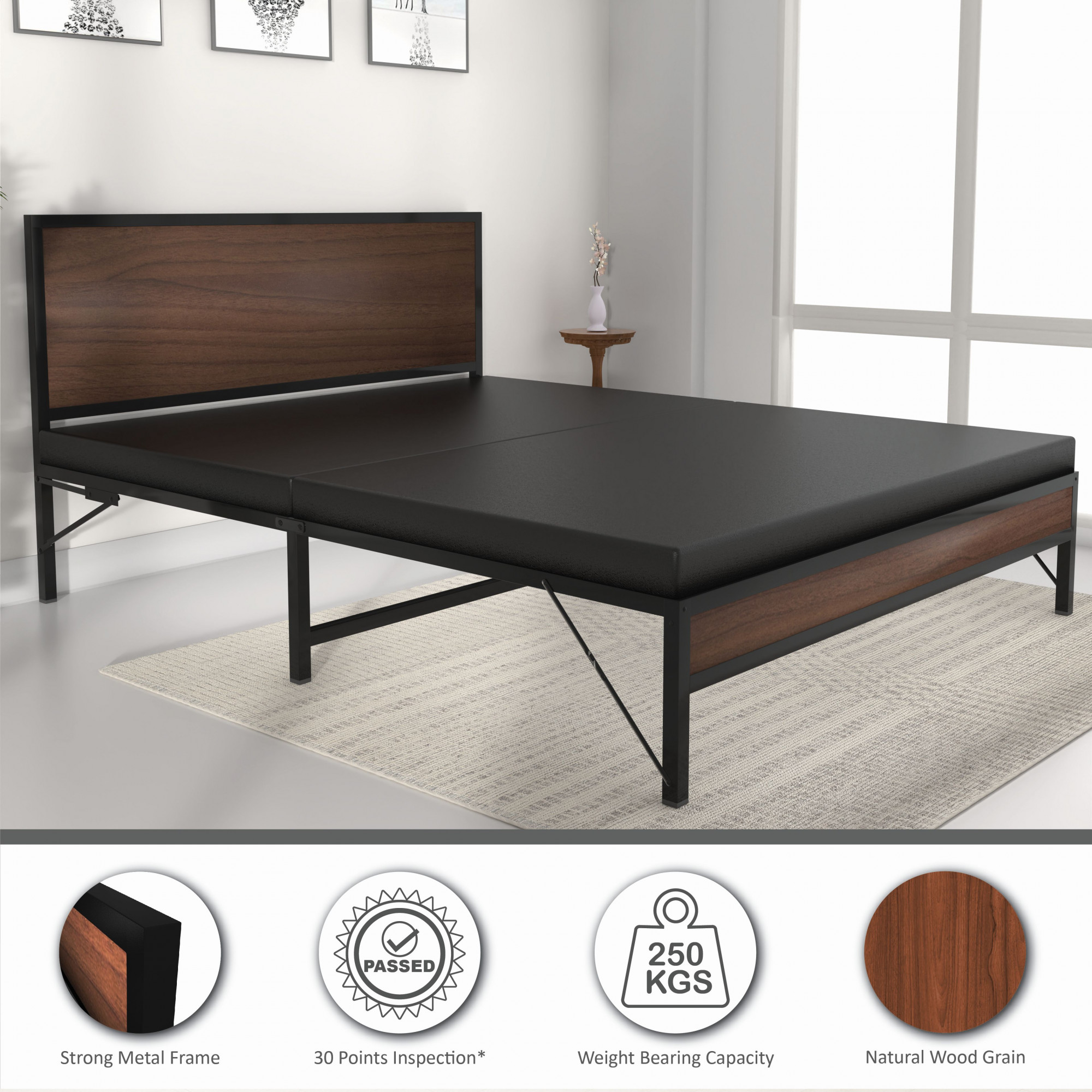 Luvo Metal Wood Folding Bed Frame With Mattress Double Layer Ortho Tri Layer American Oak Queen Size 65 Ft x 5 Ft