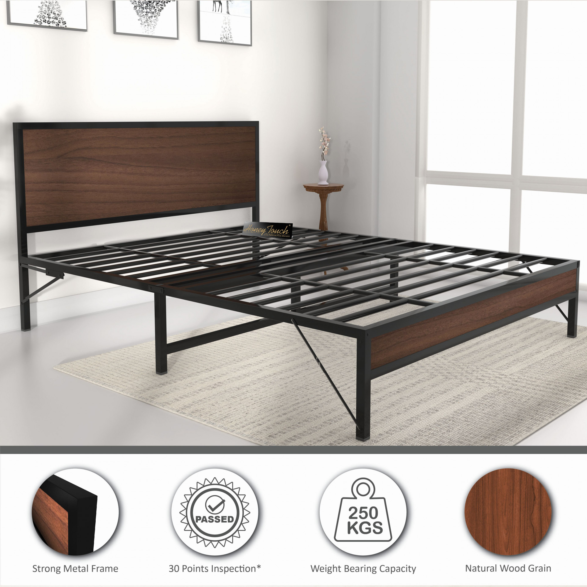 Luvo Metal  Wood Folding Bed Frame With Mattress  Double Layer  Ortho Tri Layer  American Oak  Queen Size 65 Ft x 5 Ft