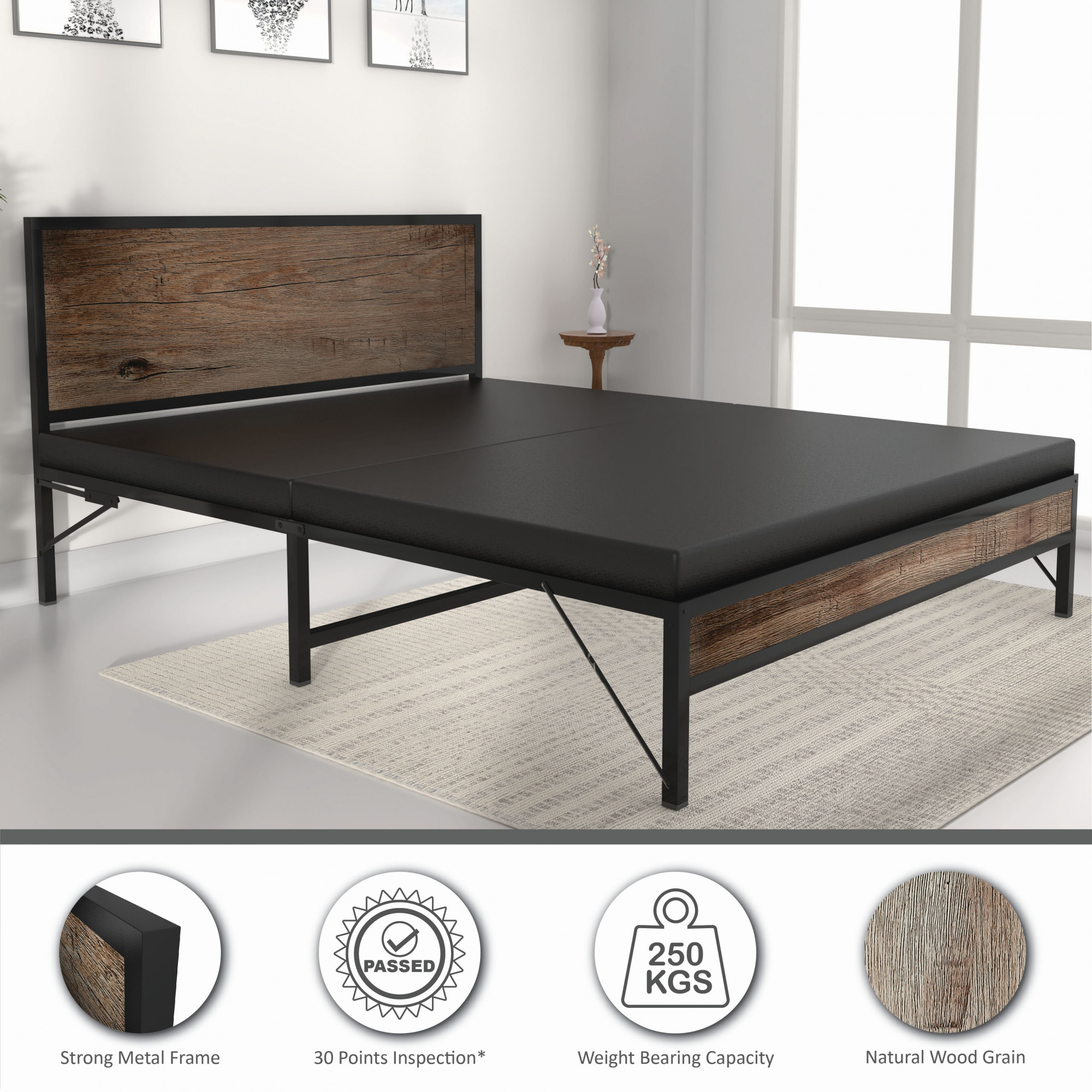 Luvo Metal Wood Folding Bed Frame With Mattress Double Layer Ortho Tri Layer Stone Grain Queen Size 65 Ft x 5 Ft