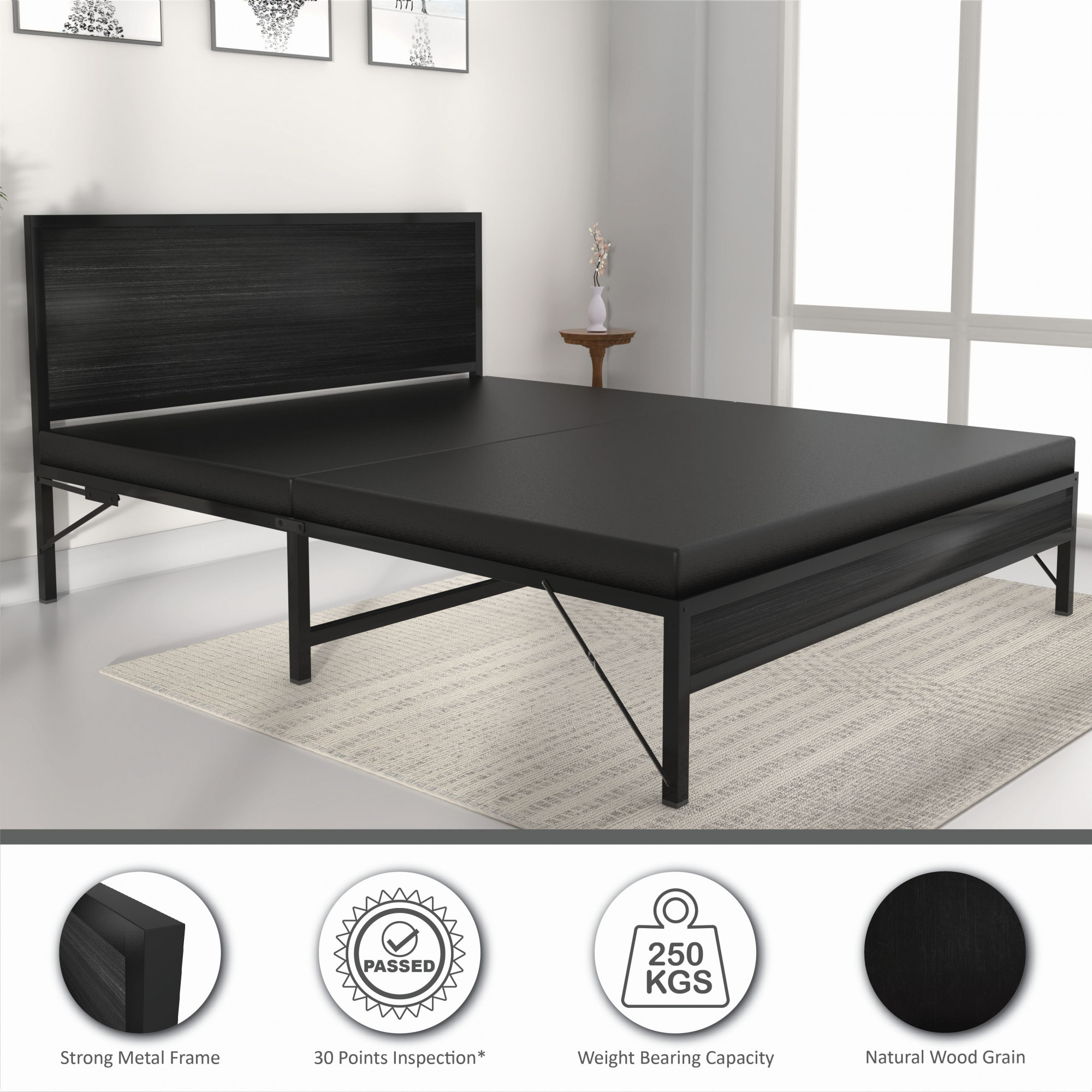 Luvo Metal  Wood Folding Bed Frame With Mattress  Double Layer  Ortho Tri Layer  Wenge Black  Queen Size 65 Ft x 5 Ft