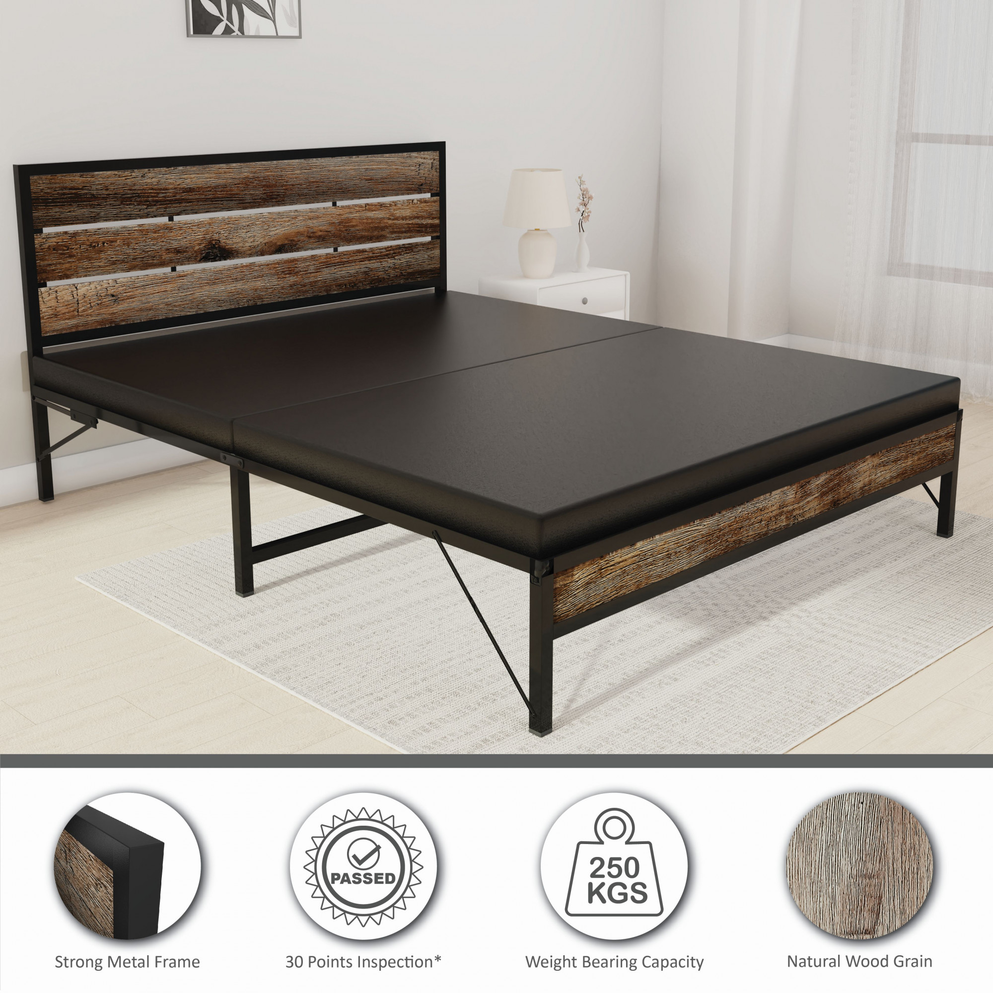 Elvo Wood and Metal Folding Bed Frame With Mattress Double Layer Ortho Tri Layer Stone Grain Queen Size 65 Ft x 5 Ft