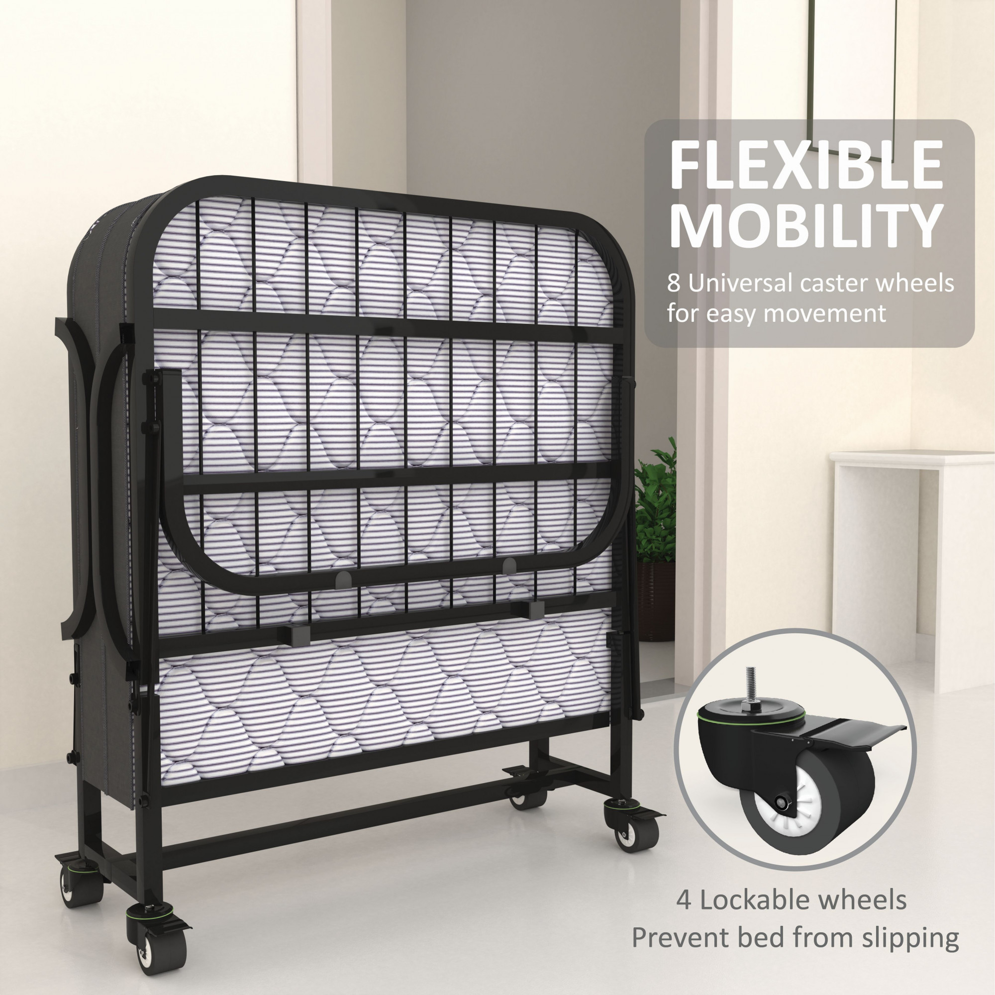 Rollease Rollaway Bed Single Size 3 Ft x 6 Ft Orthopedic Tri Layer Foam Brown Mattress 5 Years Warranty