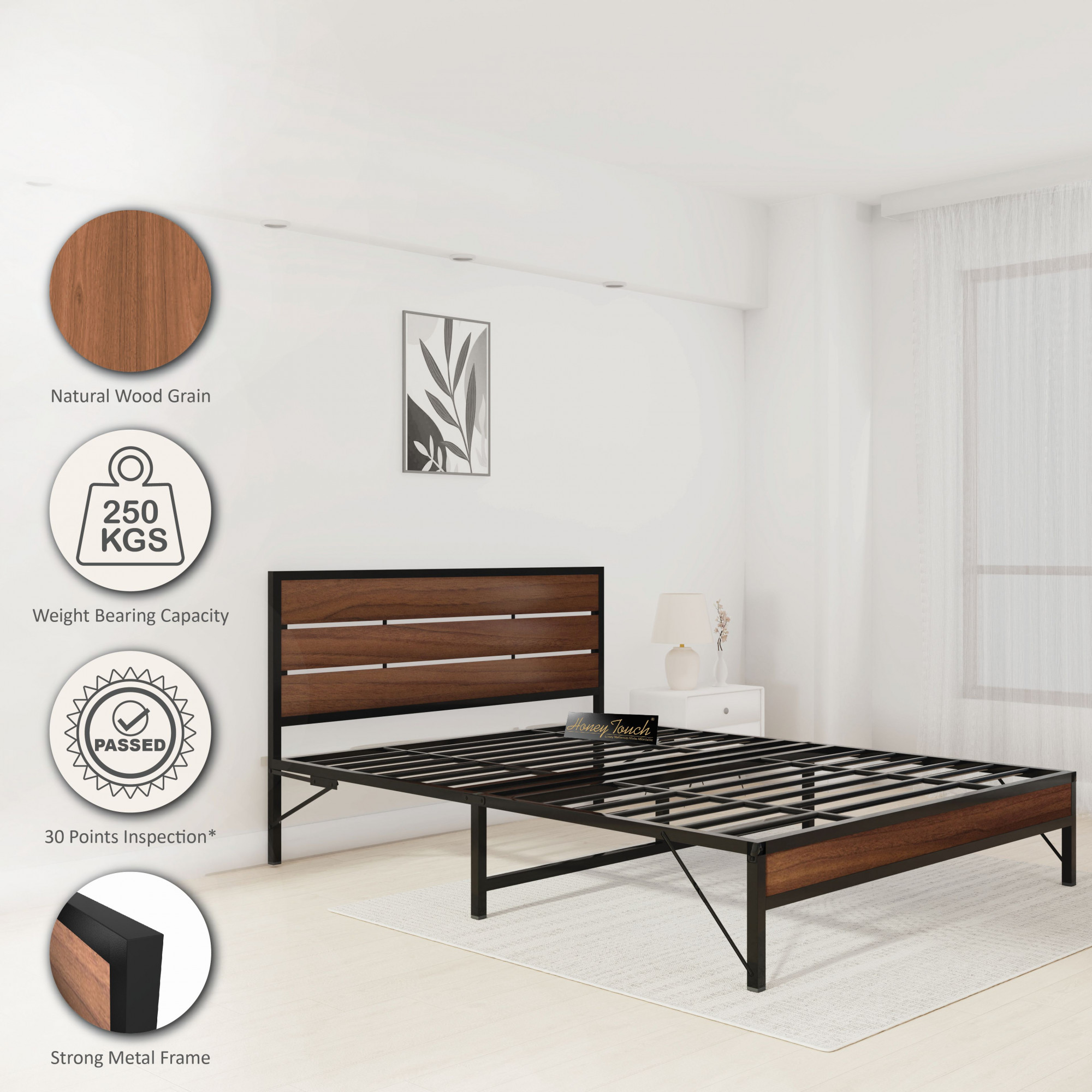 Elvo Wood and Metal Folding Bed Frame With Mattress  Double Layer  Ortho Tri Layer  American Oak  Queen Size 65 Ft x 5 Ft