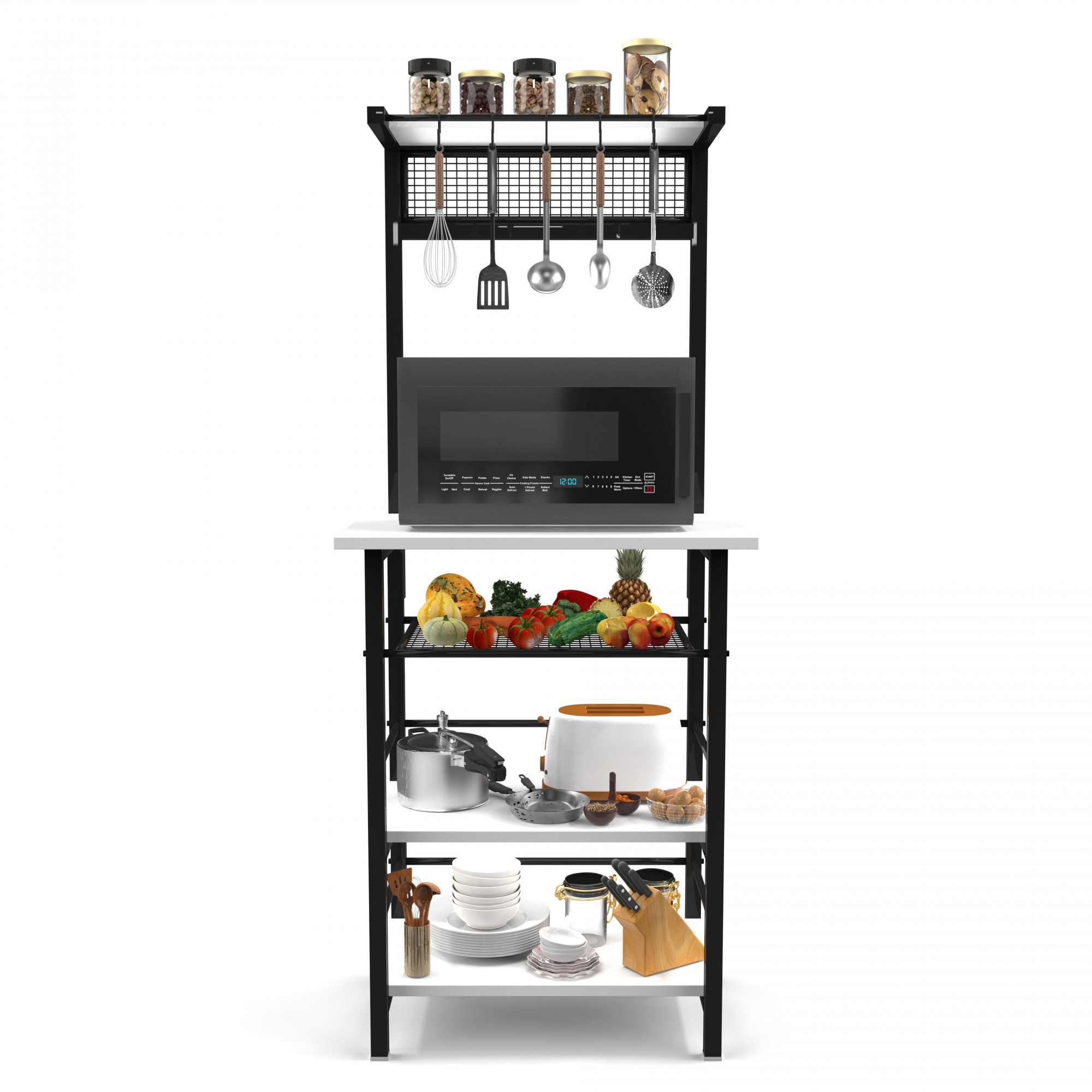 Spacio 5-Tier Multipurpose Storage Rack Metal Wood Shelf for Kitchen Living Room Bedroom Space-Saving Organizer with Hooks Frosty White Finish