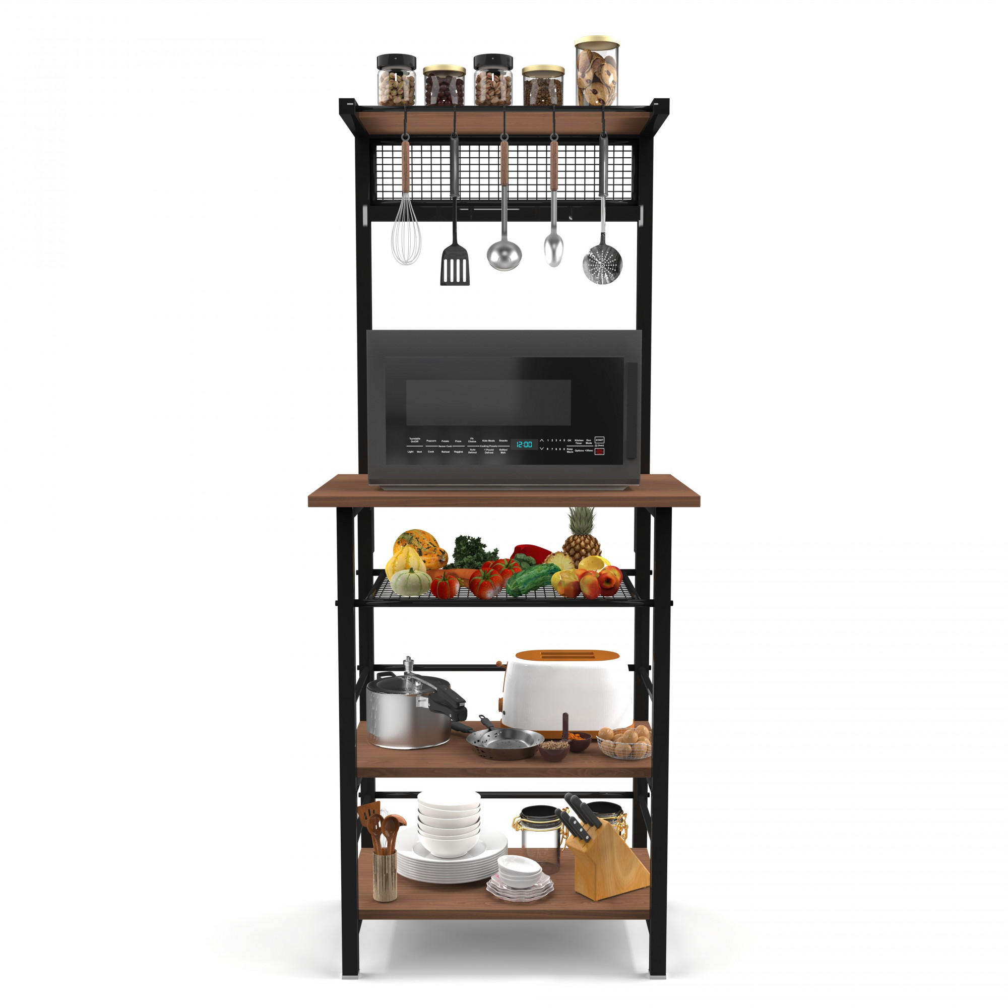 Spacio 5-Tier Multipurpose Storage Rack Metal Wood Shelf for Kitchen Living Room Bedroom Space-Saving Organizer with Hooks Matte Black Walnut Finish