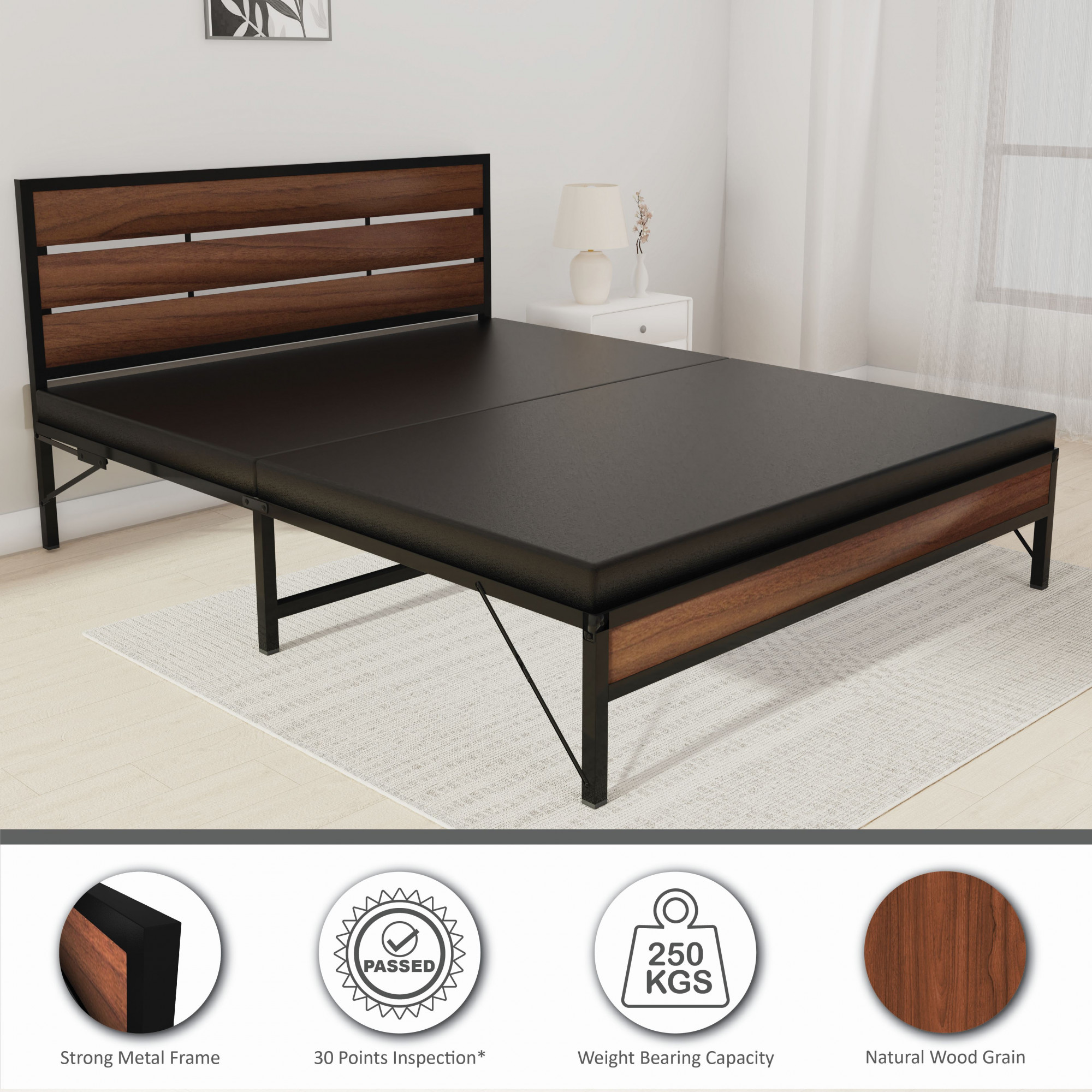 Elvo Wood and Metal Folding Bed Frame Without Mattress American Oak Queen Size 65 Ft x 5 Ft 2 Years Warranty