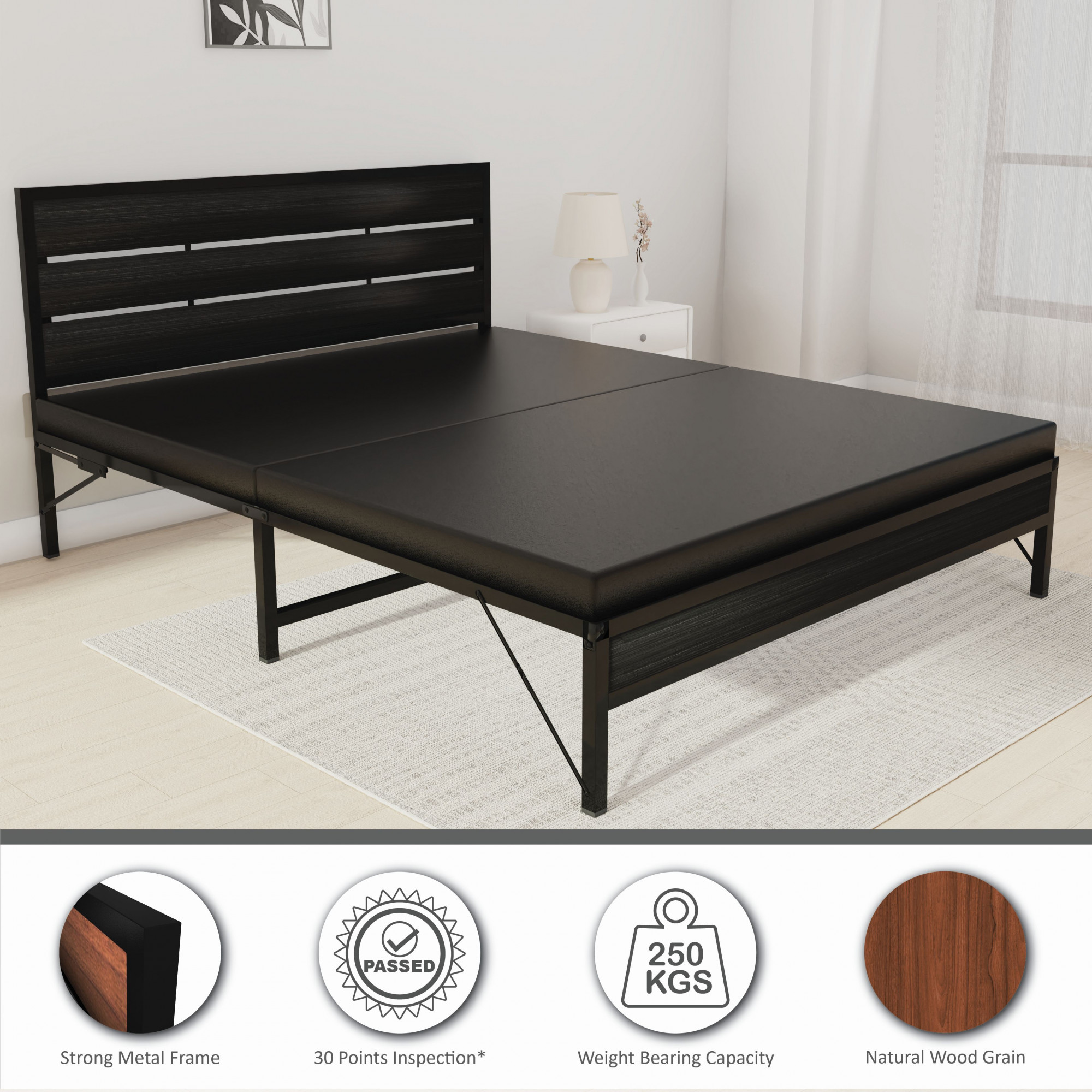 Elvo Wood and Metal Folding Bed Frame Without Mattress Wenge Black Queen Size 65 Ft x 5 Ft 2 Years Warranty