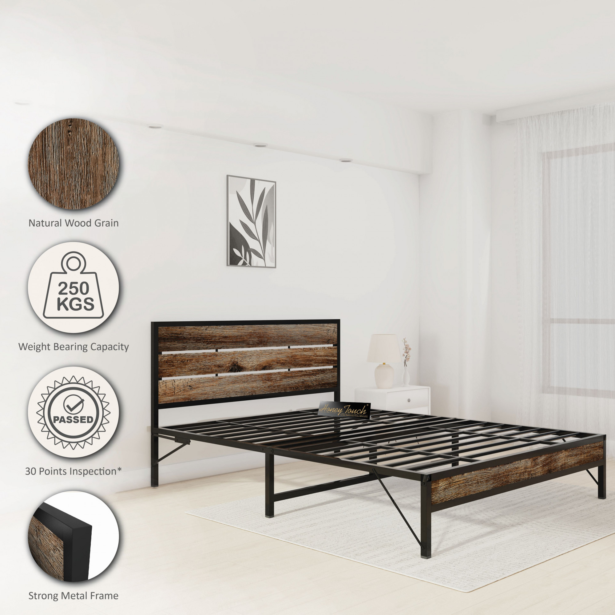 Elvo Wood and Metal Folding Bed Frame Without Mattress Stone Grain Queen Size 65 Ft x 5 Ft 2 Years Warranty