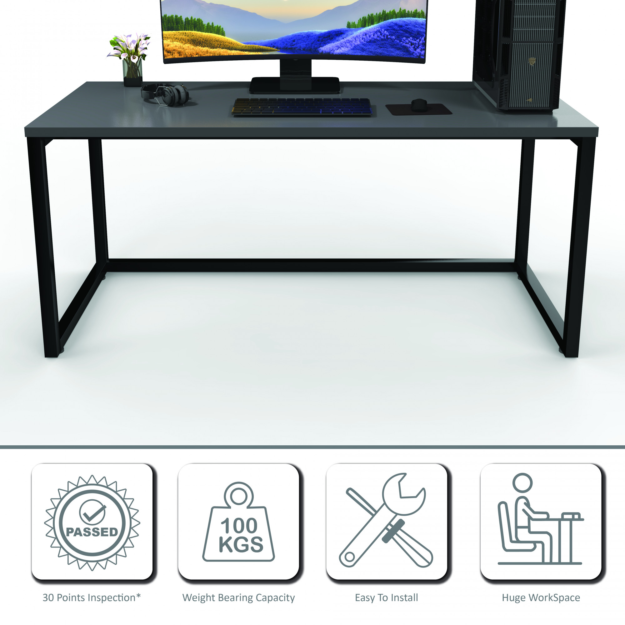 Lizon Metal Wood Computer Table for Home Office Modern Study Desk Sleek Grey Top White Finish 61L x 122W x 73H Centimeters 1 Year Warranty