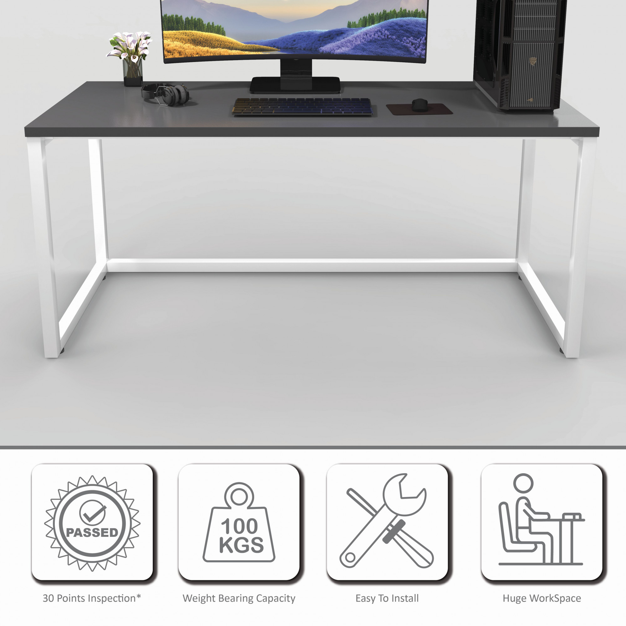 Lizon Metal Wood Computer Table for Home Office Modern Study Desk Sleek Grey Top Black Finish 61L x 122W x 73H Centimeters 1 Year Warranty