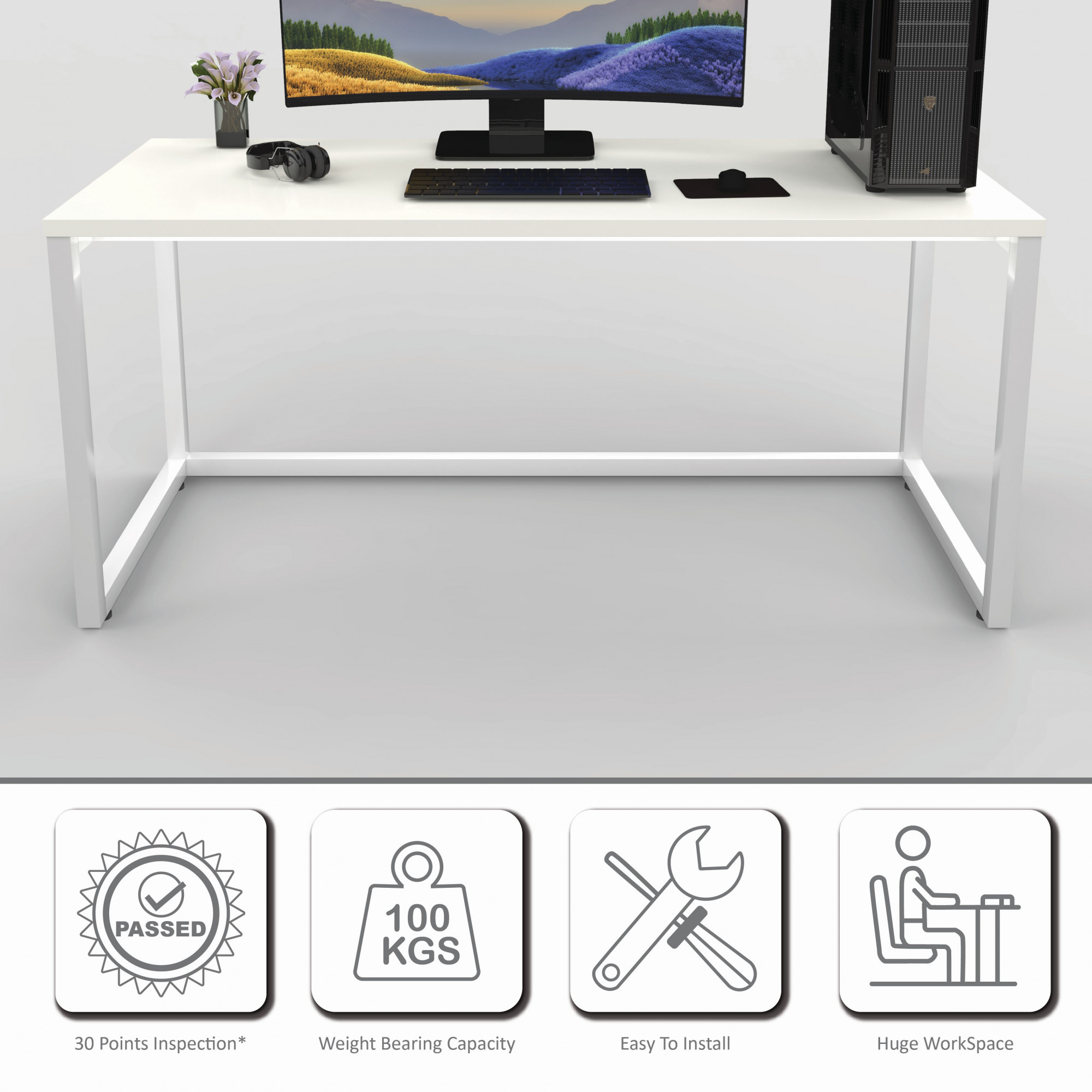 Lizon Metal  Wood Computer Table for Home  Office  Modern Study Desk  Sleek White Top  White Finish  61L x 122W x 73H Centimeters  1 Year Warranty