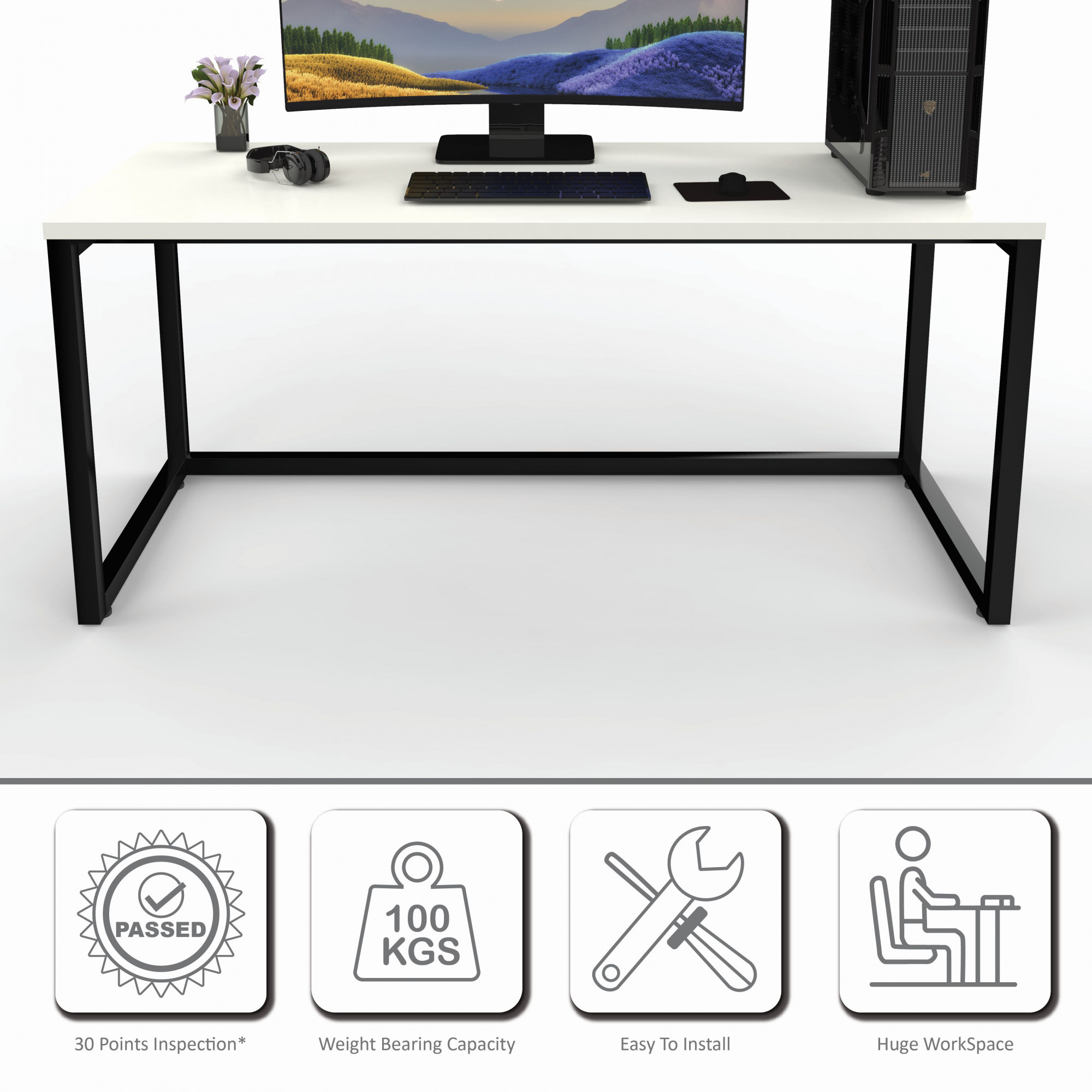 Lizon Metal  Wood Computer Table for Home  Office  Modern Study Desk  Sleek White Top  White Finish  61L x 122W x 73H Centimeters  1 Year Warranty