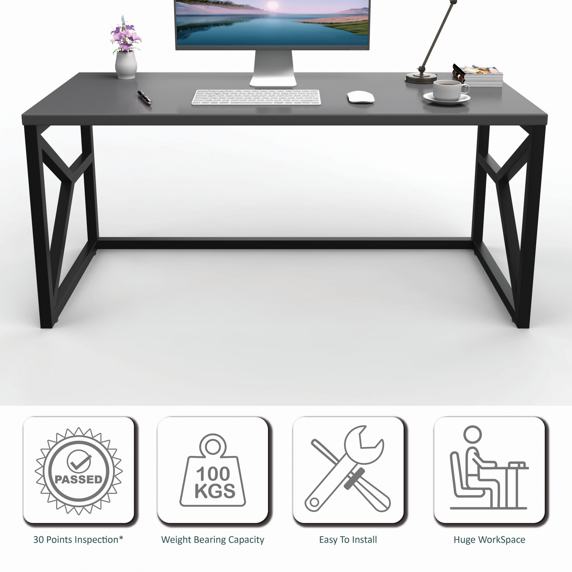 Duke Metal Wood Computer Table for Home Office Modern Study Desk with Grey Top Black White Finish 61L x 122W x 73H Centimeters 1 Year Warranty