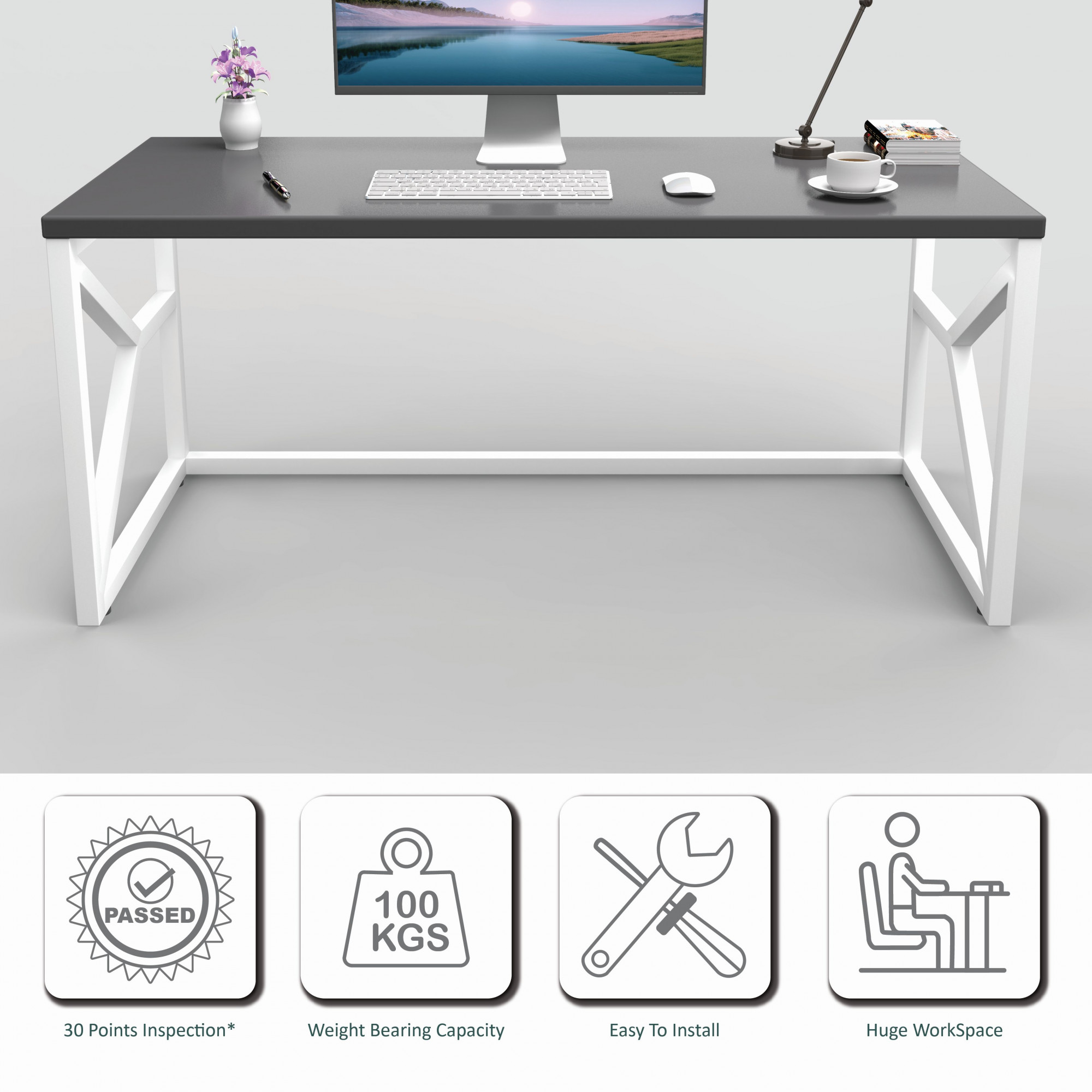 Duke Metal Wood Computer Table for Home Office Modern Study Desk with Grey Top Black White Finish 61L x 122W x 73H Centimeters 1 Year Warranty