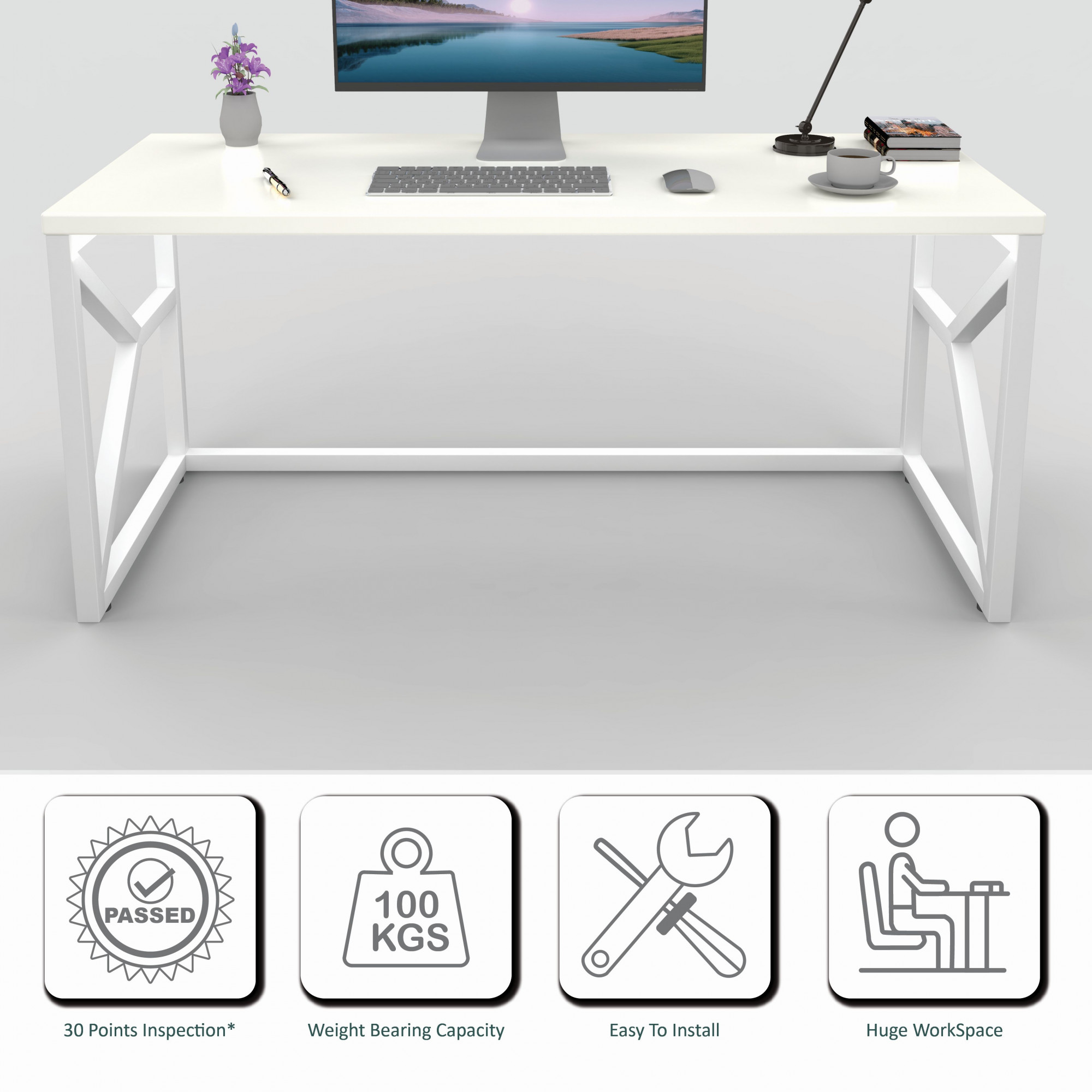 Duke Metal Wood Computer Table for Home Office Modern Study Desk with White Top White Finish 61L x 122W x 73H Centimeters 1 Year Warranty