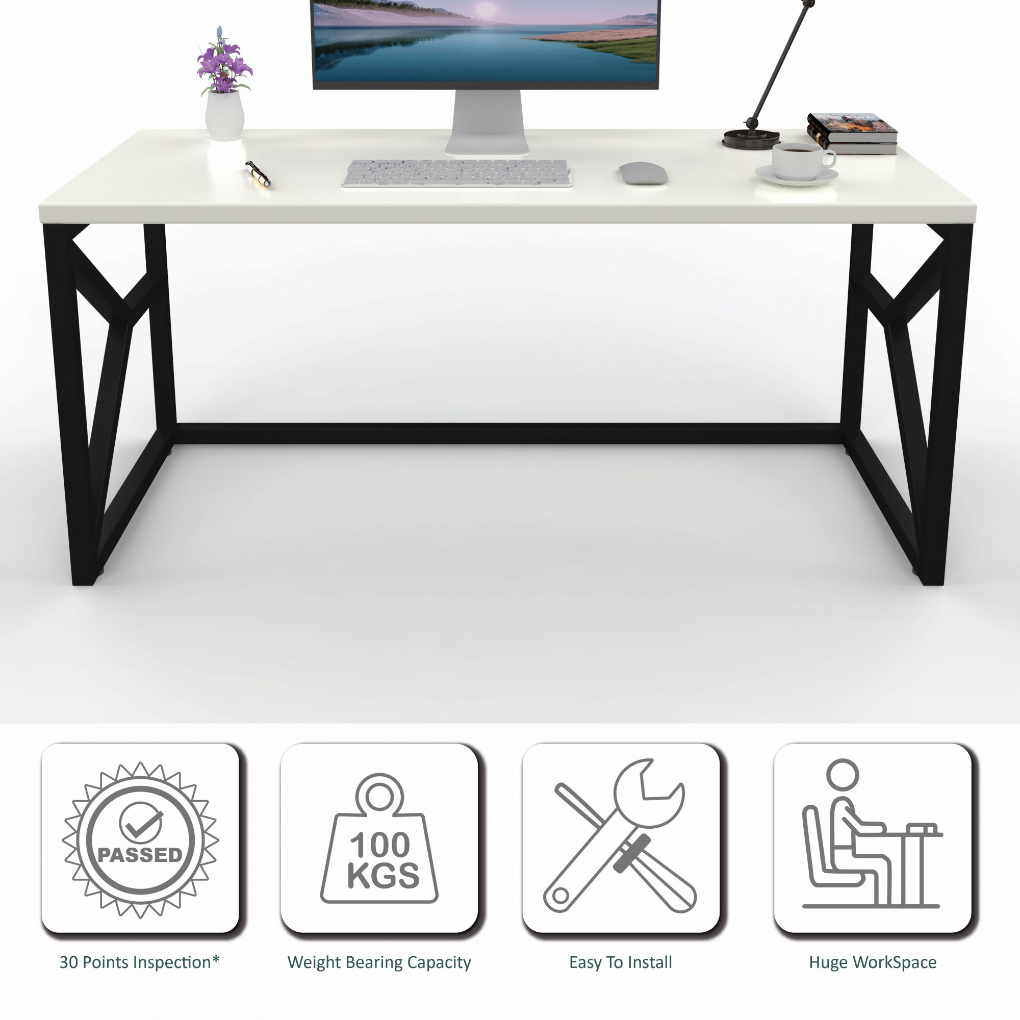 Duke Metal Wood Computer Table for Home Office Modern Study Desk with White Top Black Finish 61L x 122W x 73H Centimeters 1 Year Warranty