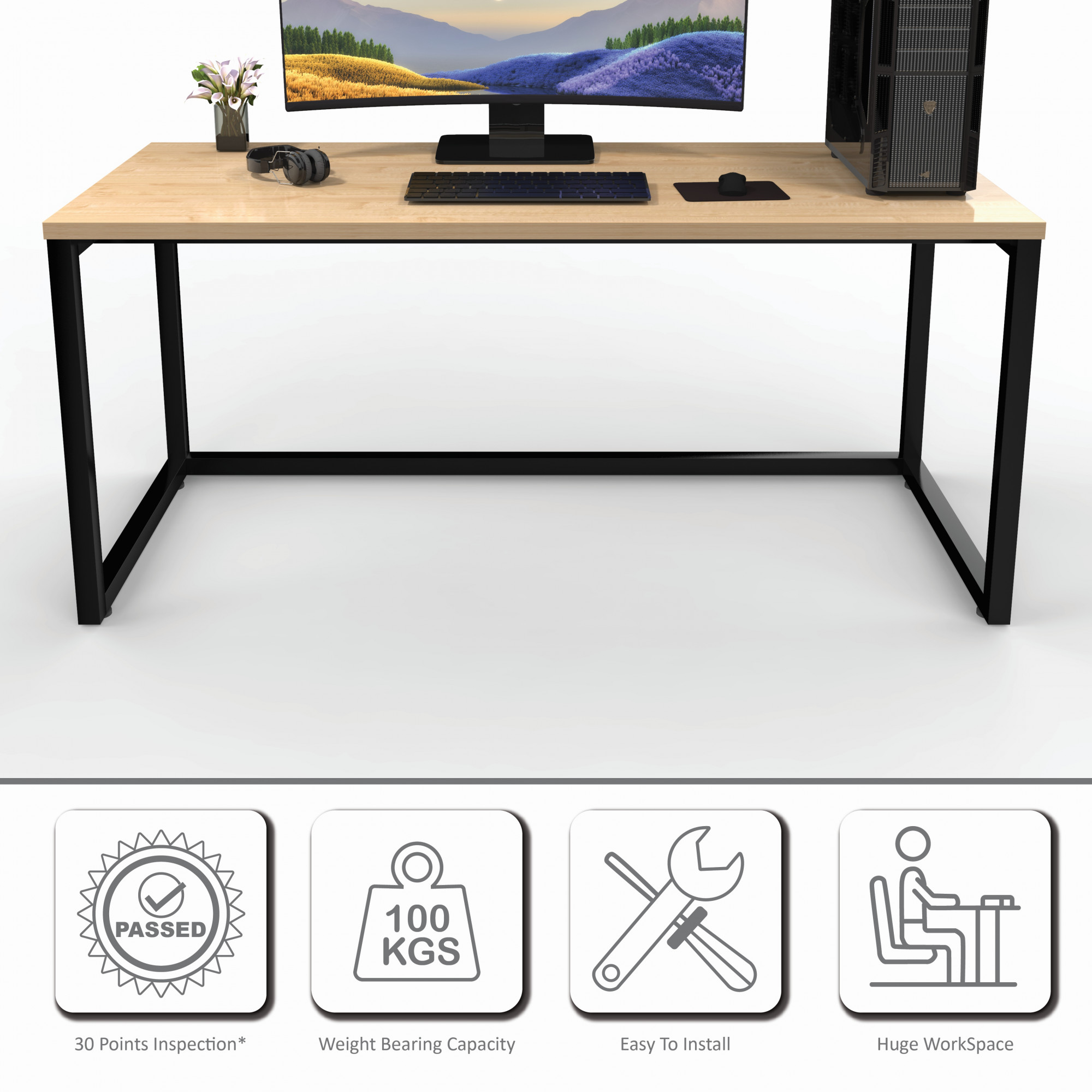 Lizon Metal Wood Computer Table for Home Office Modern Study Desk Natural Ash Top White Finish 61L x 122W x 73H Centimeters 1 Year Warranty
