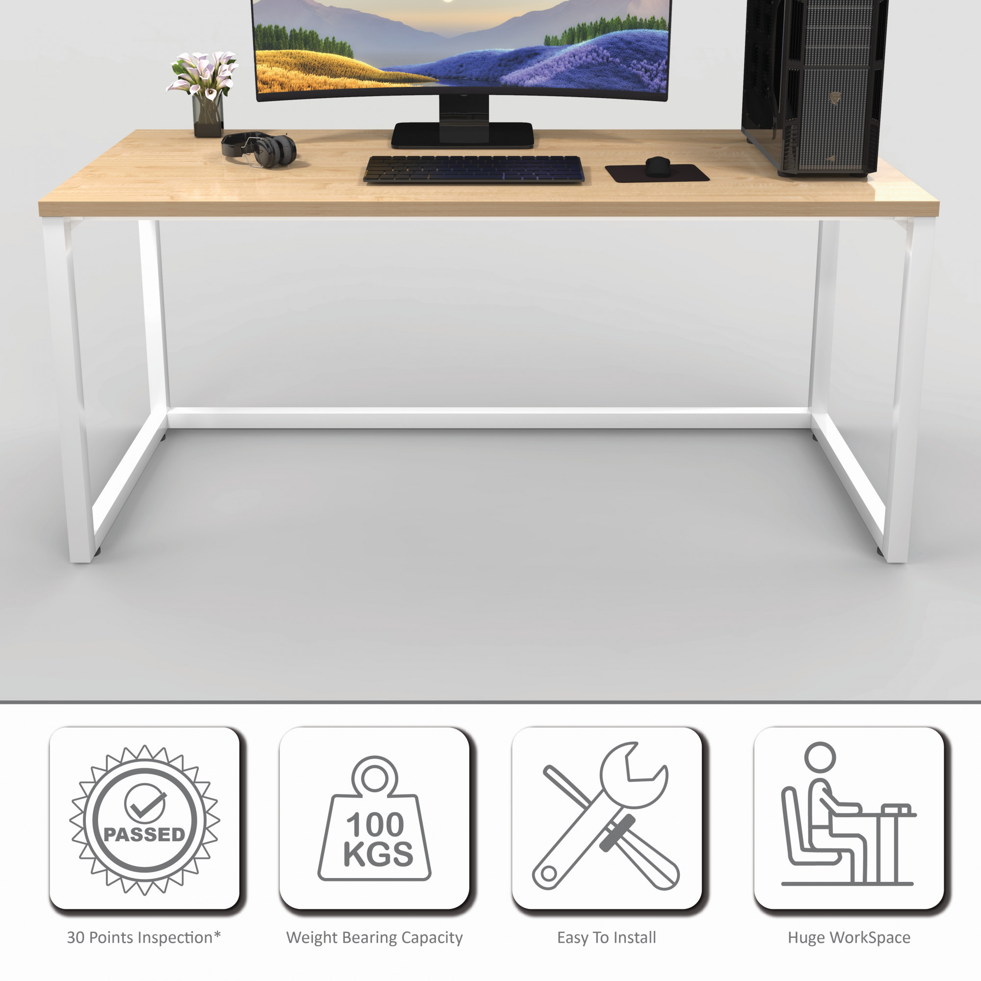Lizon Metal  Wood Computer Table for Home  Office  Modern Study Desk  Natural Ash Top  White Finish  61L x 122W x 73H Centimeters  1 Year Warranty