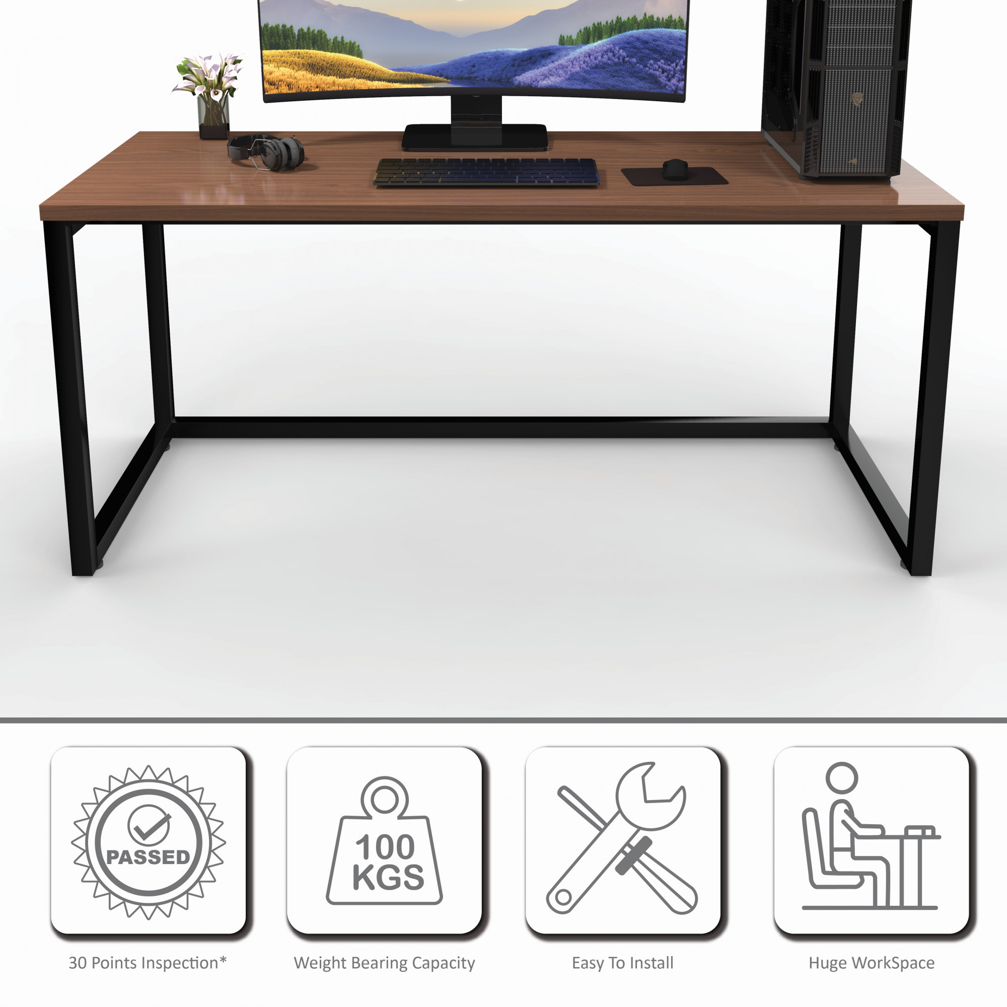 Lizon Metal Wood Computer Table for Home Office Modern Study Desk American Oak Top Black Finish 61L x 122W x 73H Centimeters 1 Year Warranty