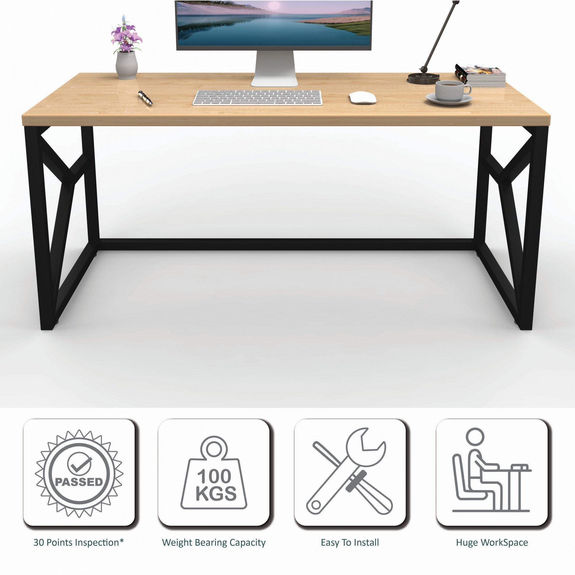 Duke Metal  Wood Computer Table for Home  Office  Modern Study Desk with Natural Ash Top  White Finish  61L x 122W x 73H Centimeters  1 Year Warranty