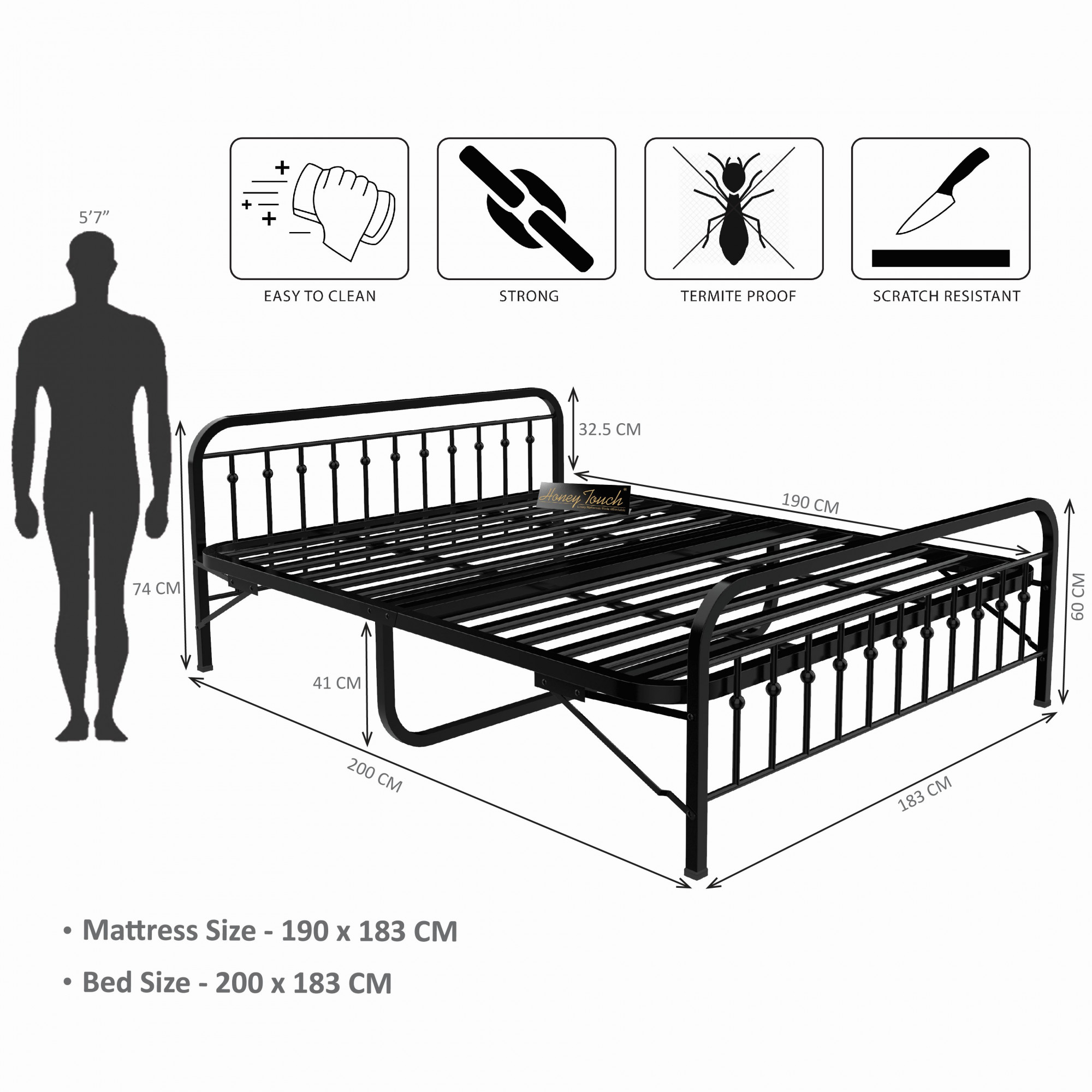 Nova Foldable Metal Bed Frame With Mattress Black Frame King Size 625 Ft x 6 Ft 3 Years Warranty