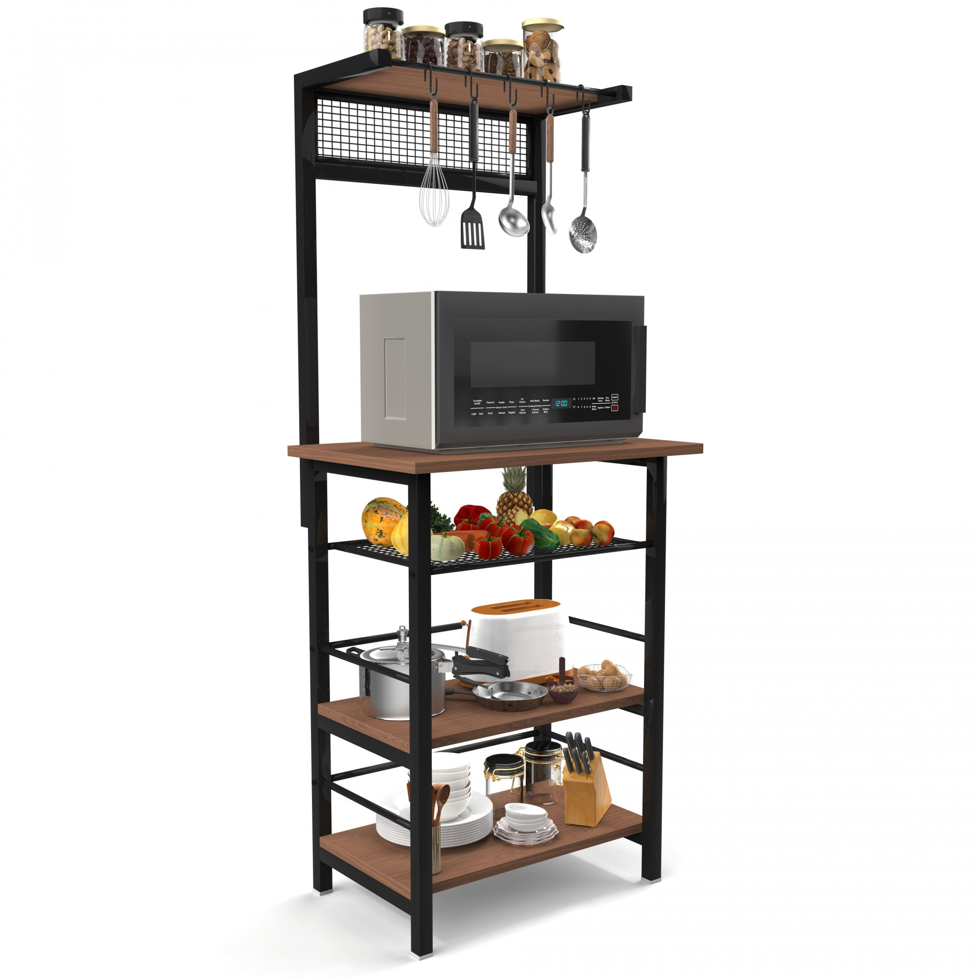 Spacio 5-Tier Multipurpose Storage Rack Metal Wood Shelf for Kitchen Living Room Bedroom Space-Saving Organizer with Hooks Matte Black Walnut Finish