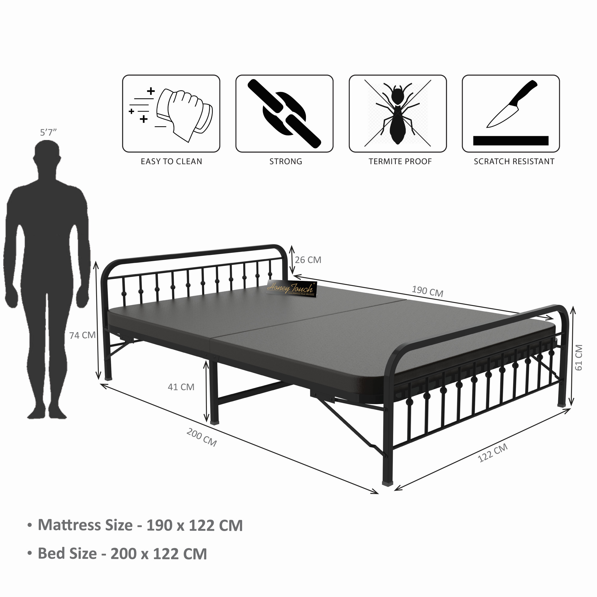 Nova Foldable Metal Bed Frame Without Mattress Black Frame Double Size 625 Ft x 4 Ft Warranty Backed