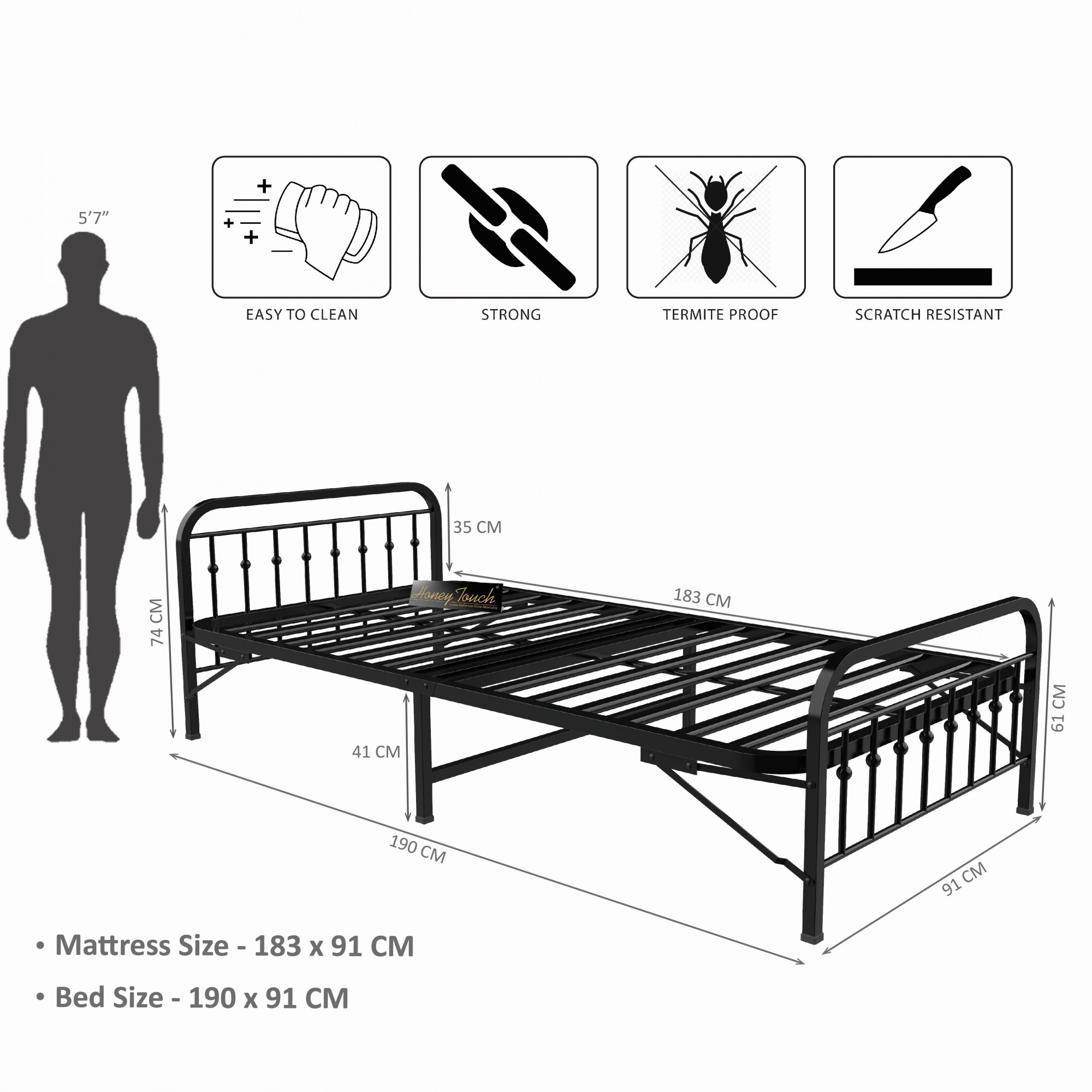 Nova Foldable Single Metal Bed - Glossy Black Finish 3ft x 6ft