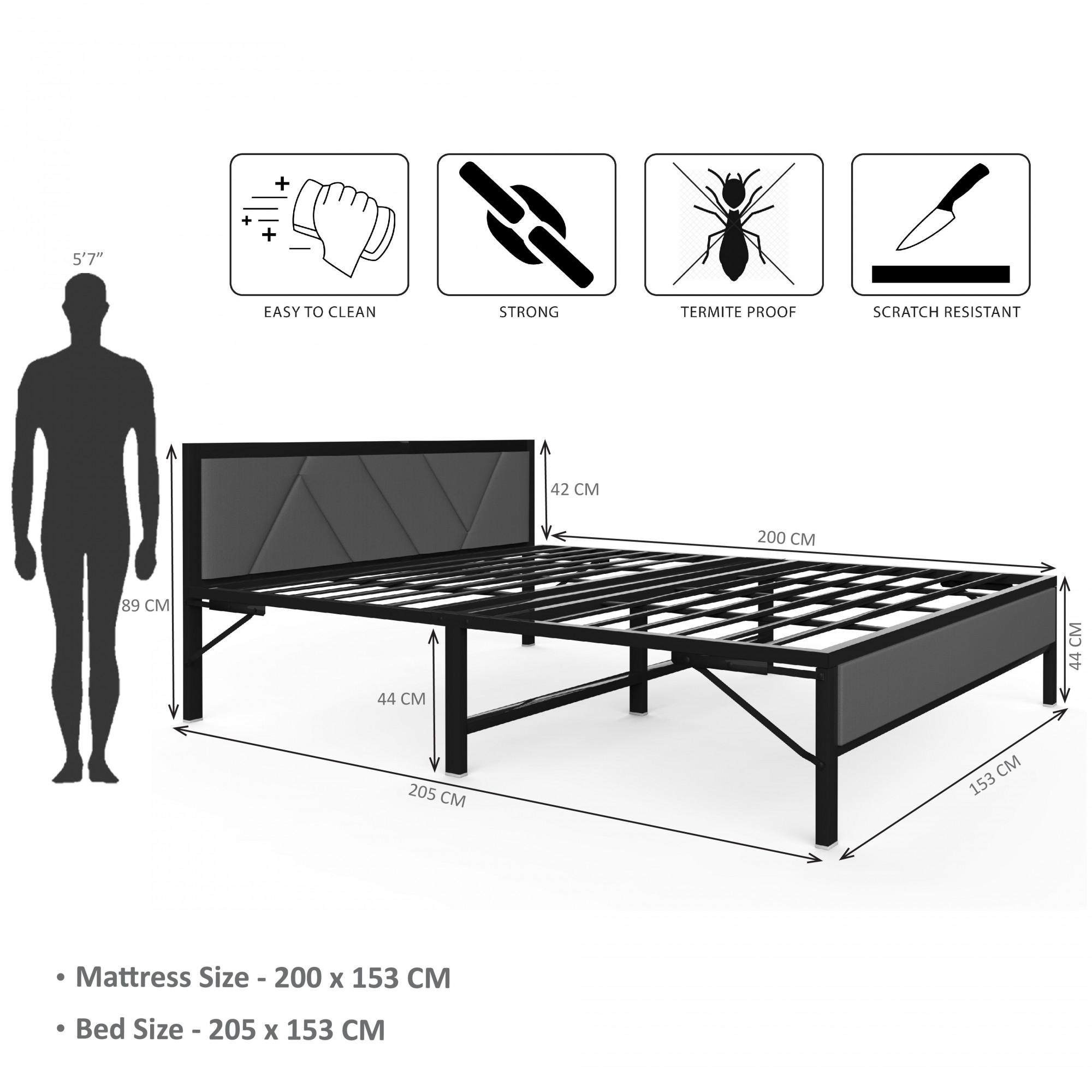 Linea Grey Queen Size Bed Frame Without Mattress  Black Frame  Queen Size 625 Ft x 5 Ft  2 Years Warranty