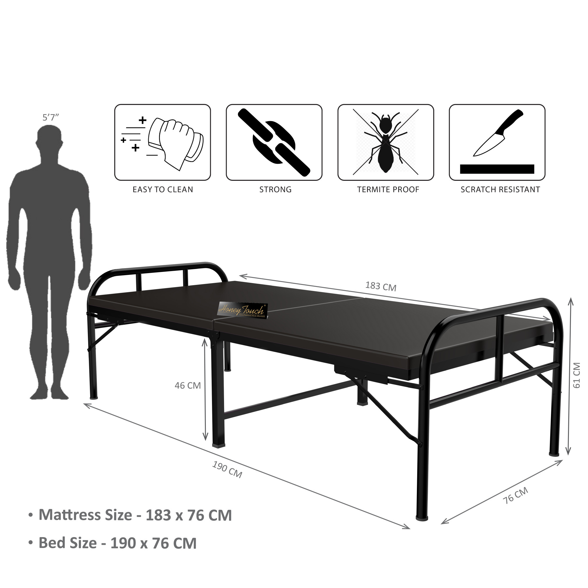 Nexon Metal Folding Single Size Bed With Mattress  25ft X 6ft  3ft X 6ft  Black Finish
