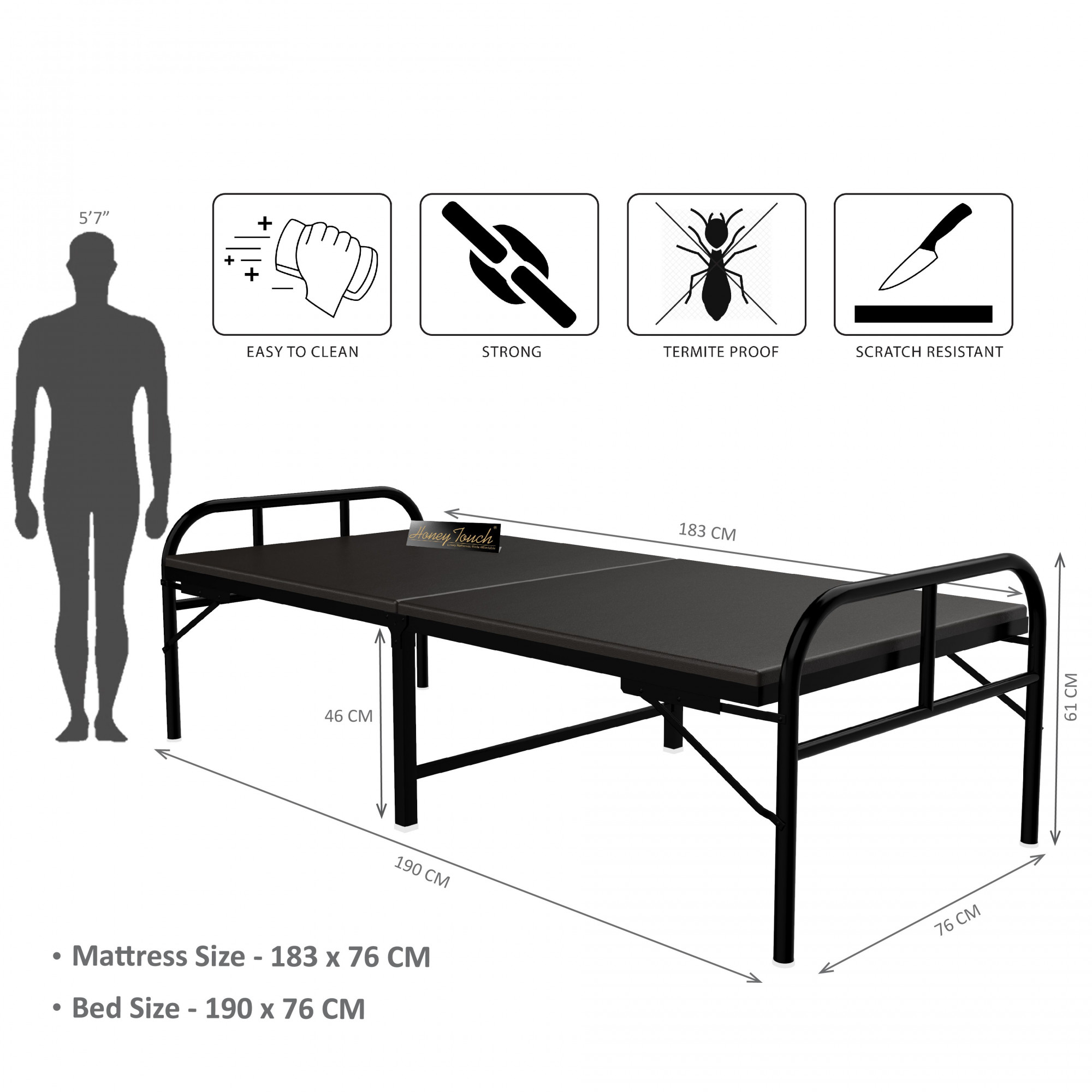 Nexon Metal Folding Single Size Bed With Mattress 25ft X 6ft 3ft X 6ft Black Finish