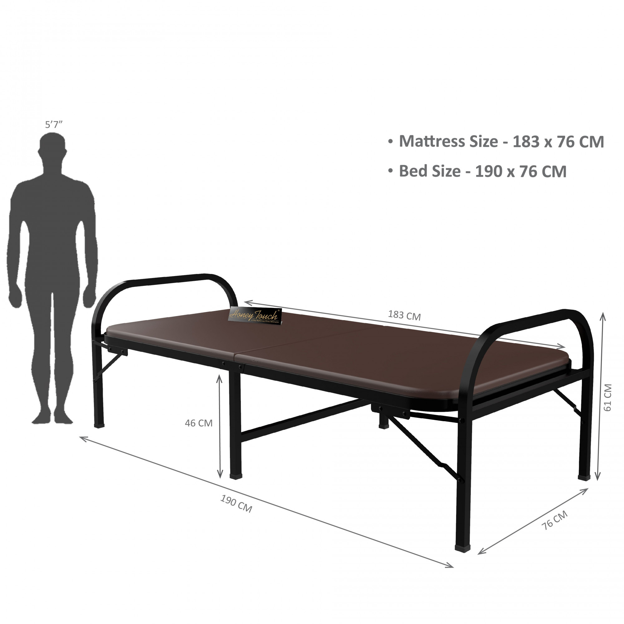 Atlas Round Folding Metal Single Size Bed with Mattress 3ft X 6ft 25ft X 6ft Black Finish Brown Mattress