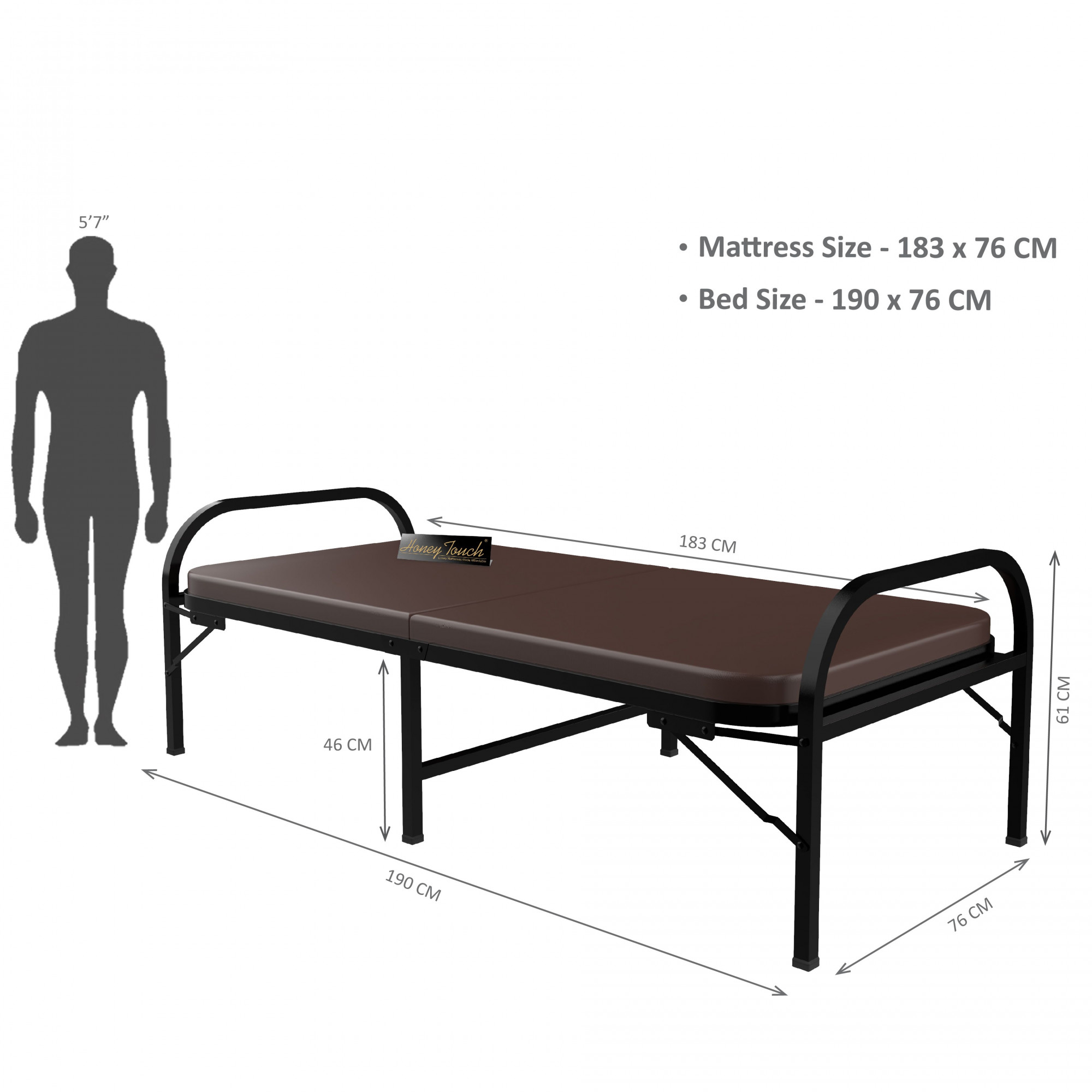 Atlas Round Folding Metal Single Size Bed with Mattress 3ft X 6ft 25ft X 6ft Black Finish Brown Mattress